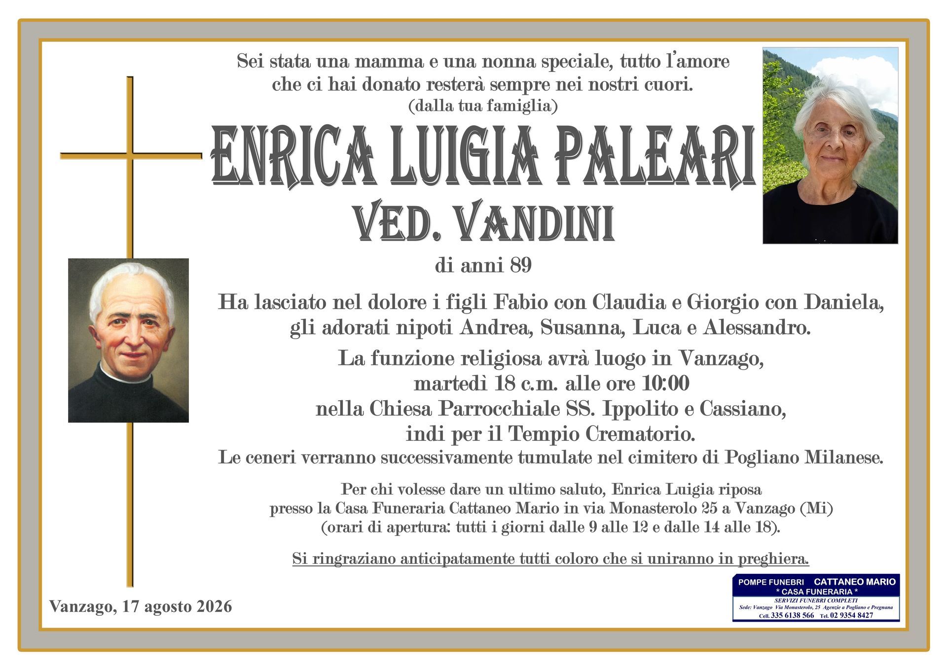 necrologio Enrica Luigia Paleari