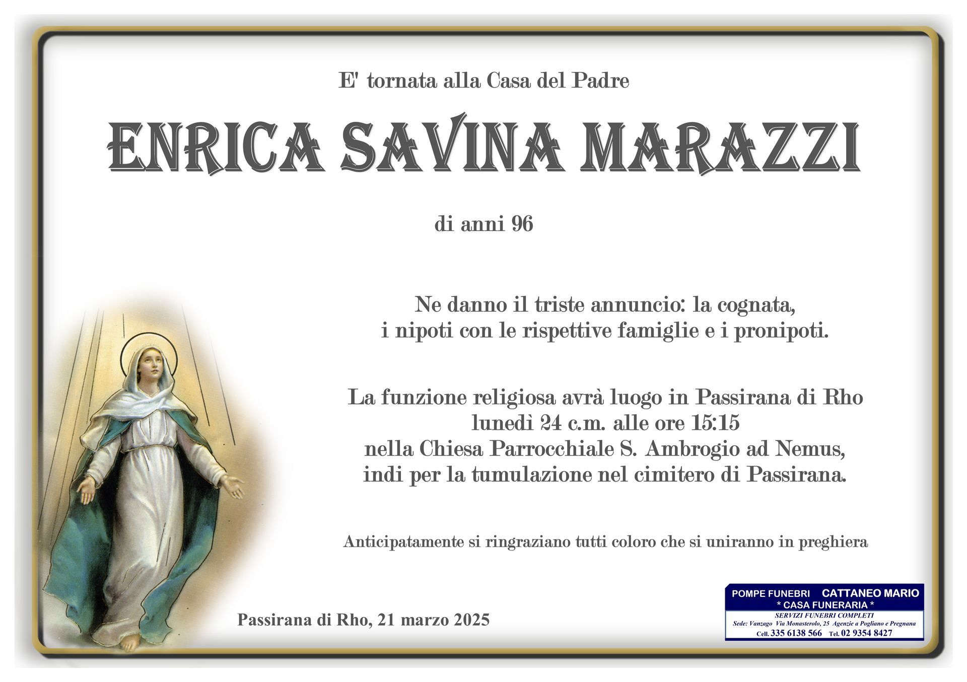 necrologio Enrica Savina Marazzi
