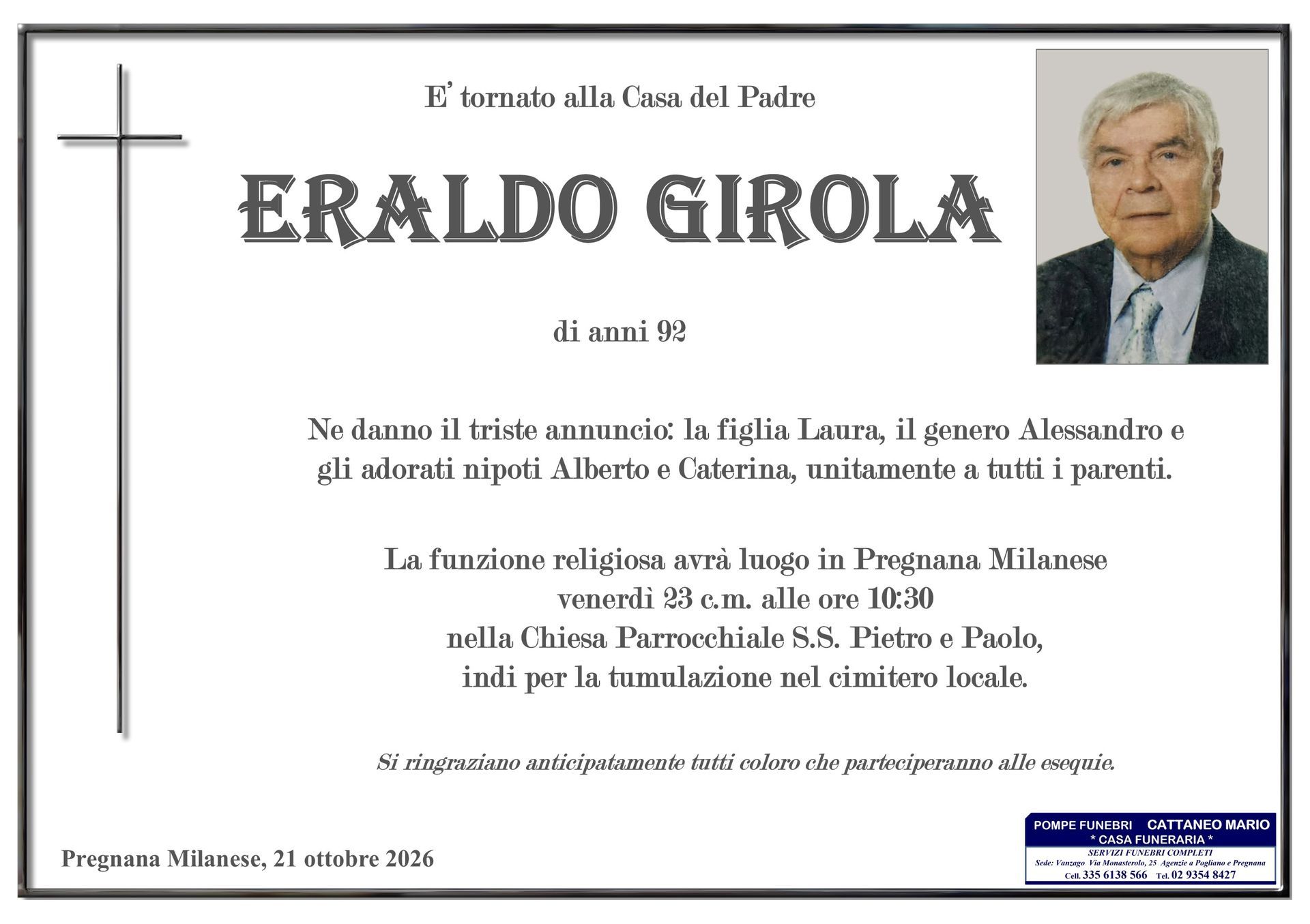 necrologio Eraldo Girola