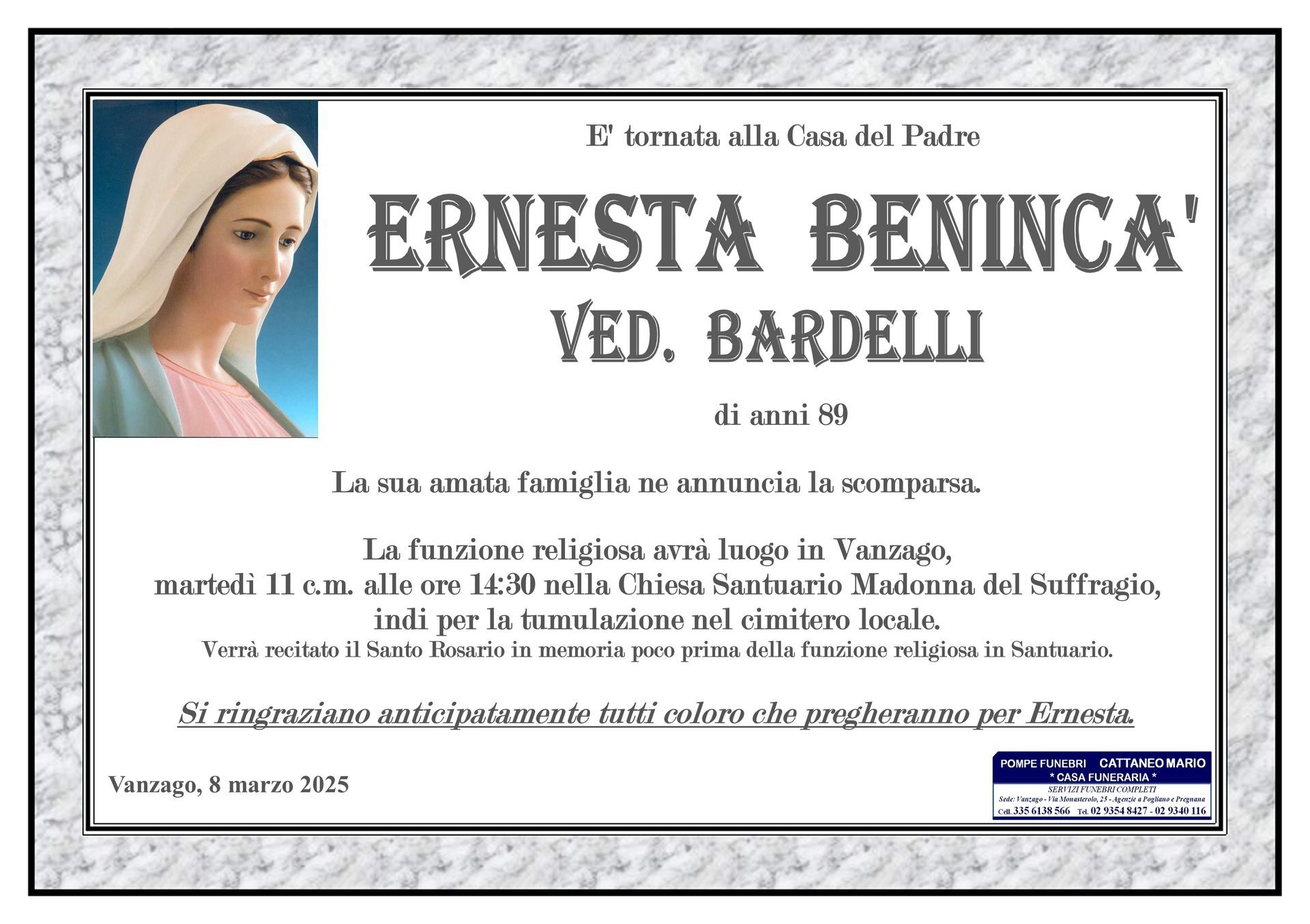 necrologio Ernesta Benincà