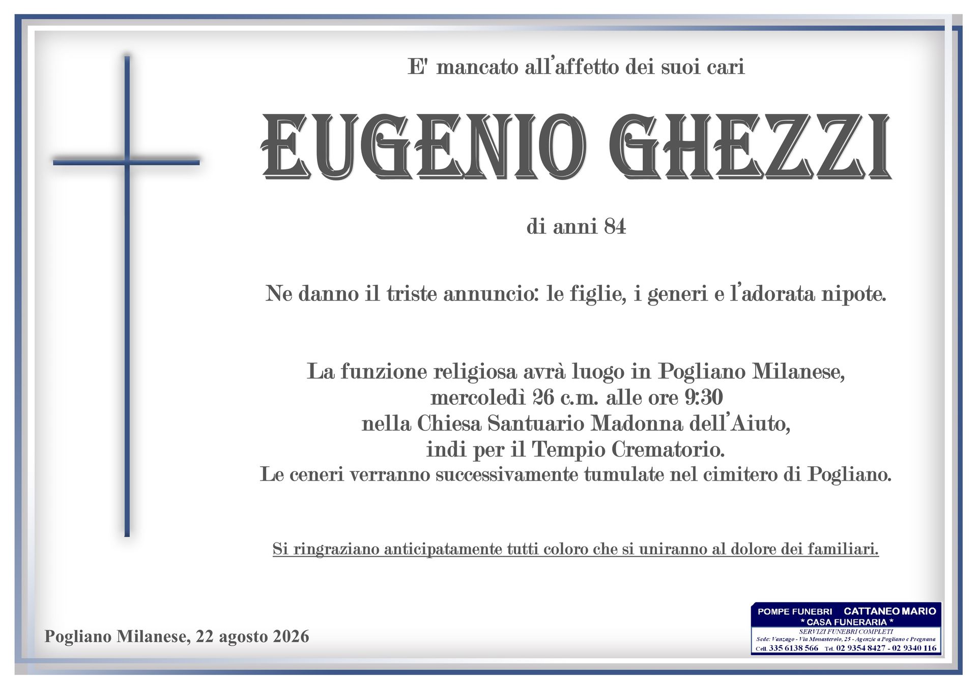 necrologio Eugenio Ghezzi