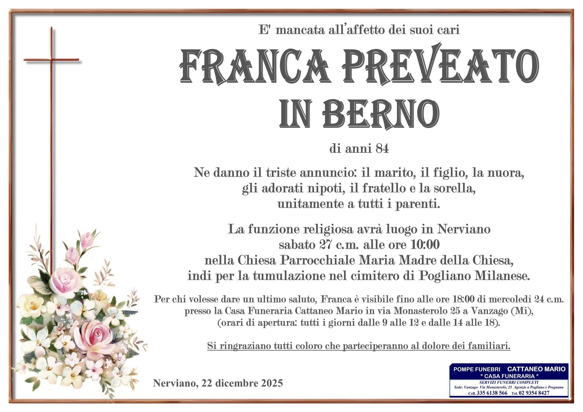 necrologio Franca Preveato