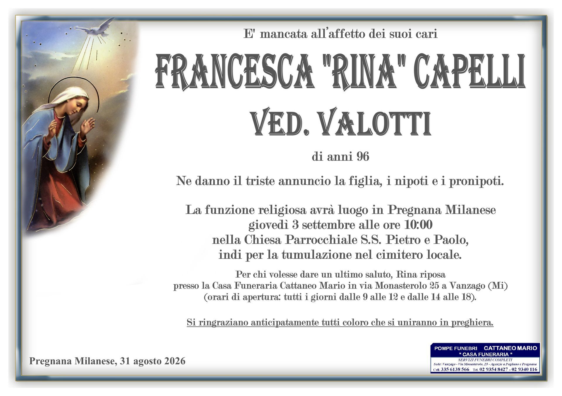 necrologio Francesca Rina Capelli