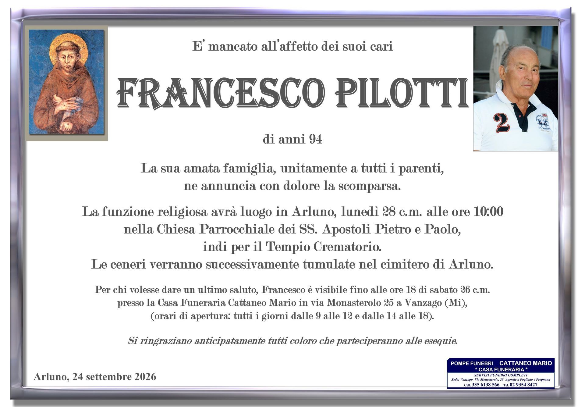 necrologio Francesco Pilotti