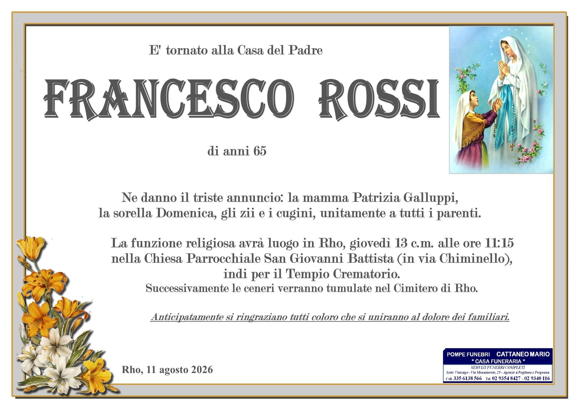 necrologio Francesco Rossi