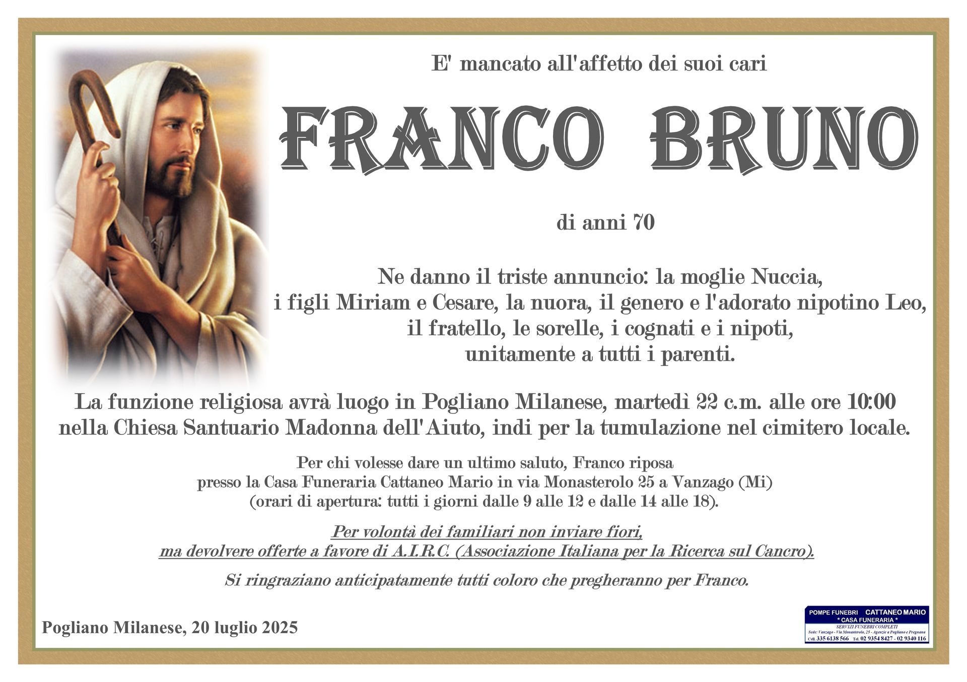 necrologio Franco Bruno