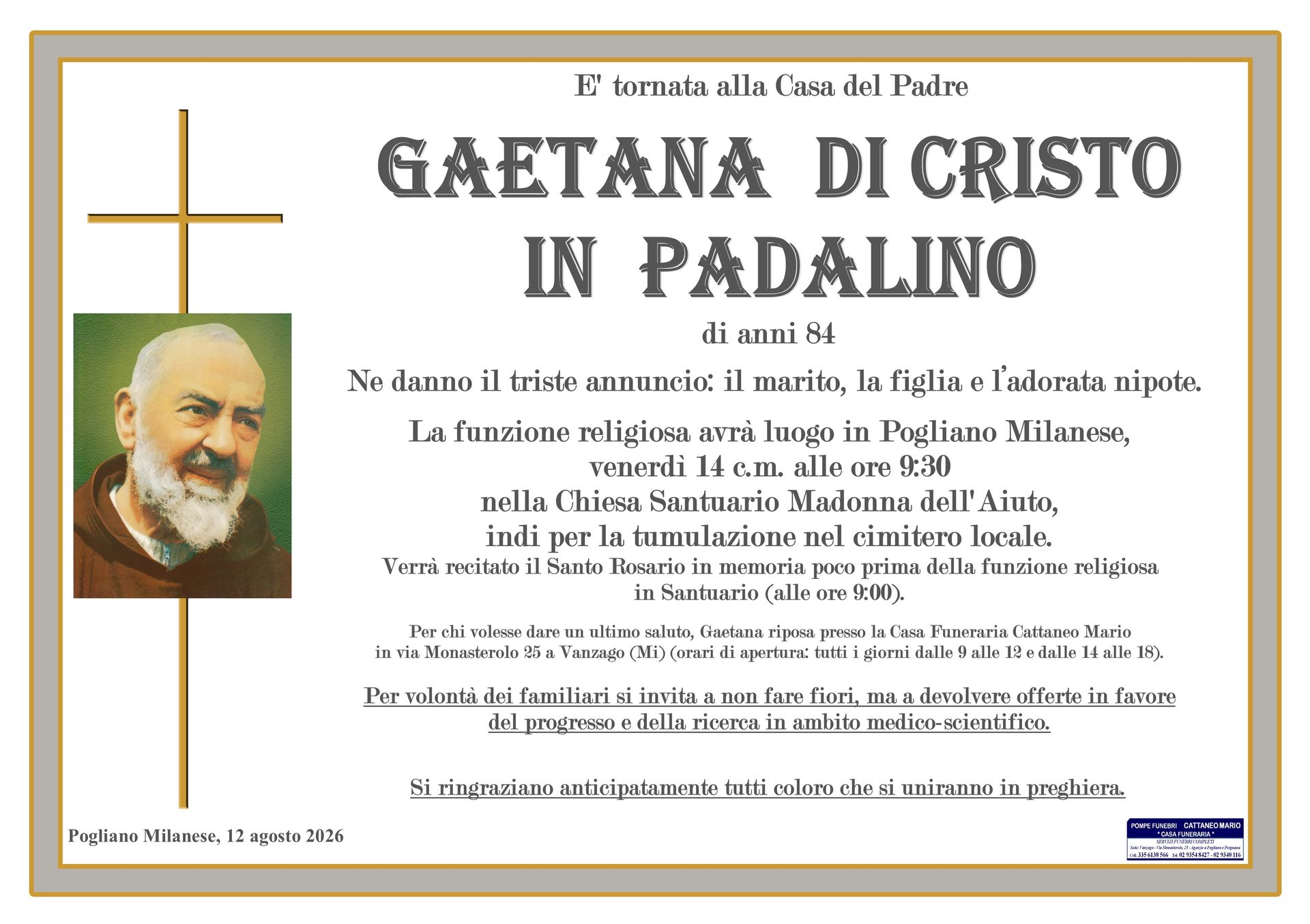 necrologio Gaetana Di Cristo
