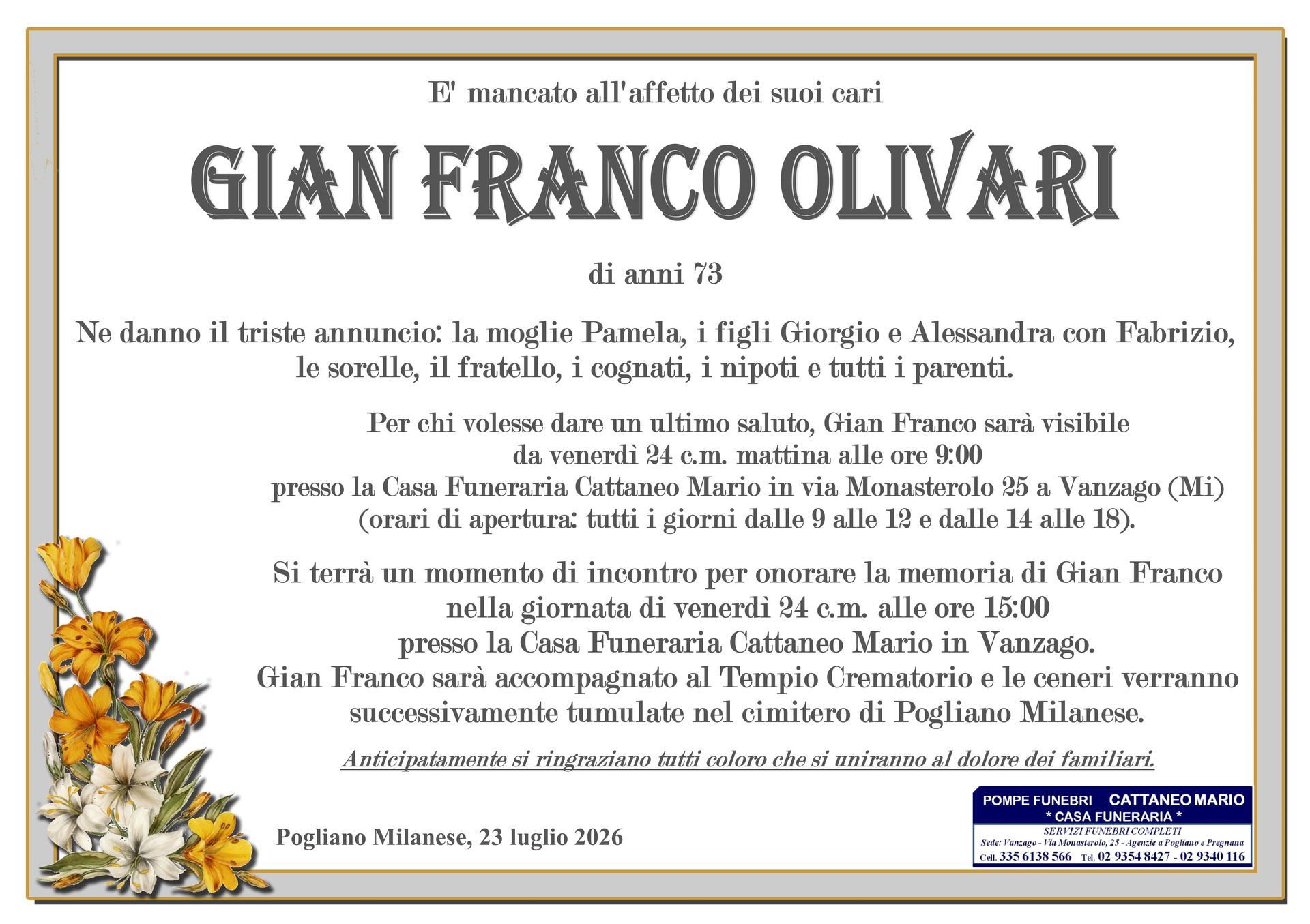 necrologio Gian Franco Olivari