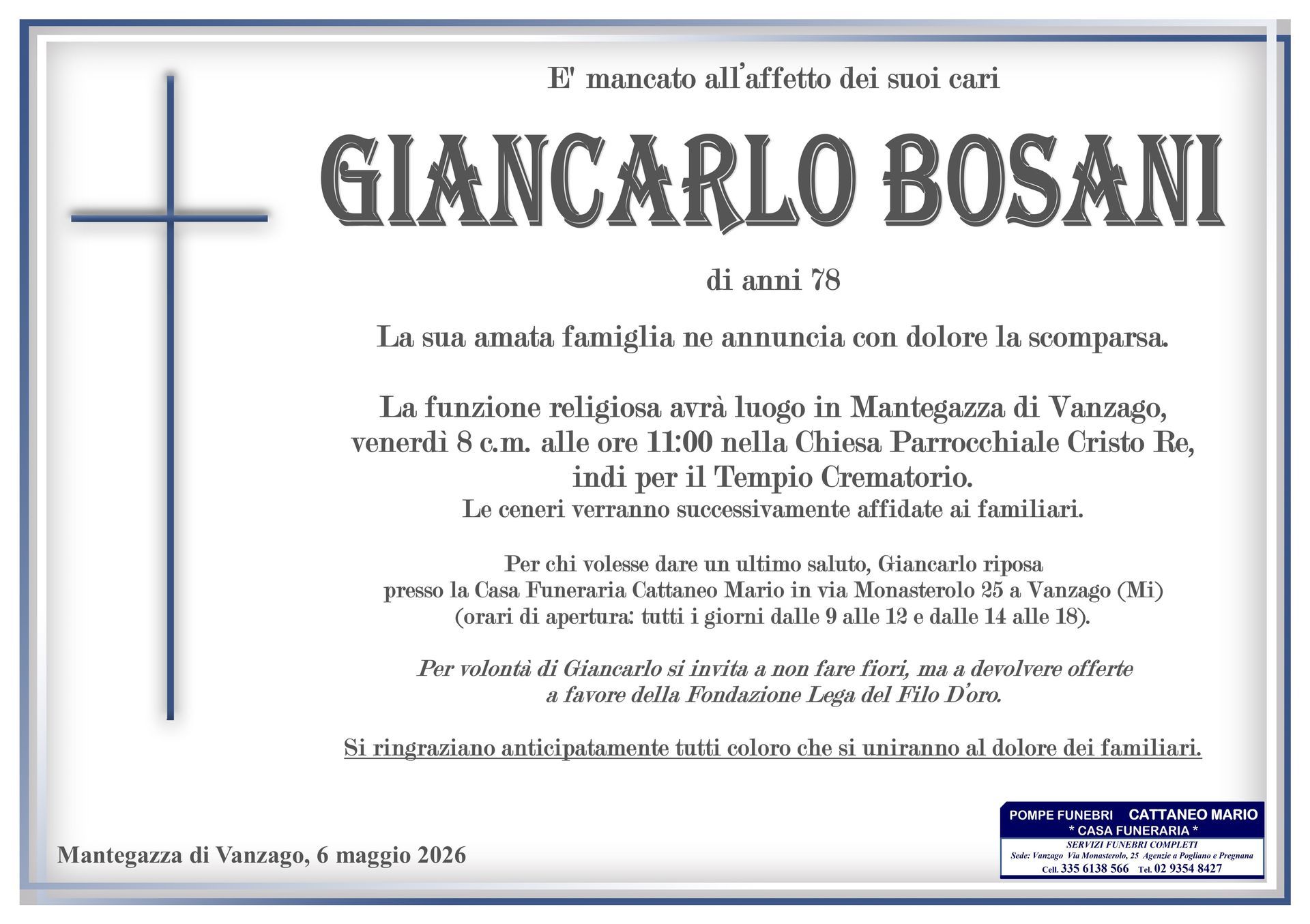 necrologio Giancarlo Bosani