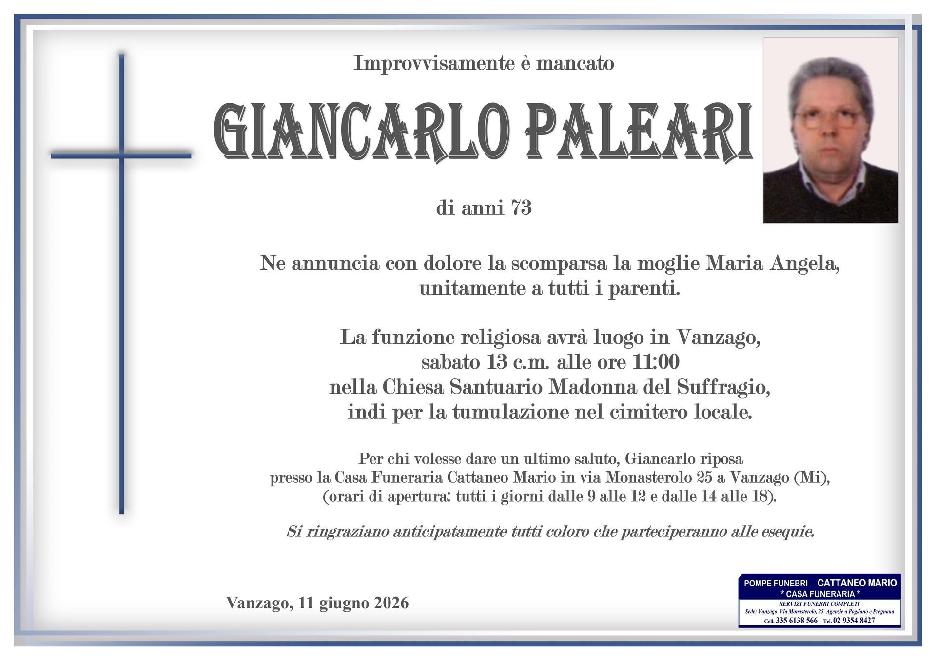 necrologio Giancarlo Paleari