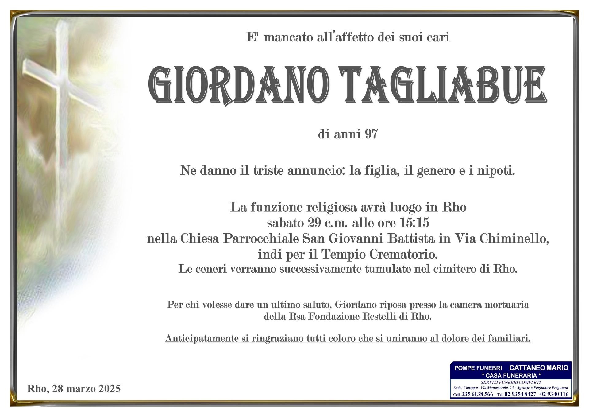 necrologio Giordano Tagliabue