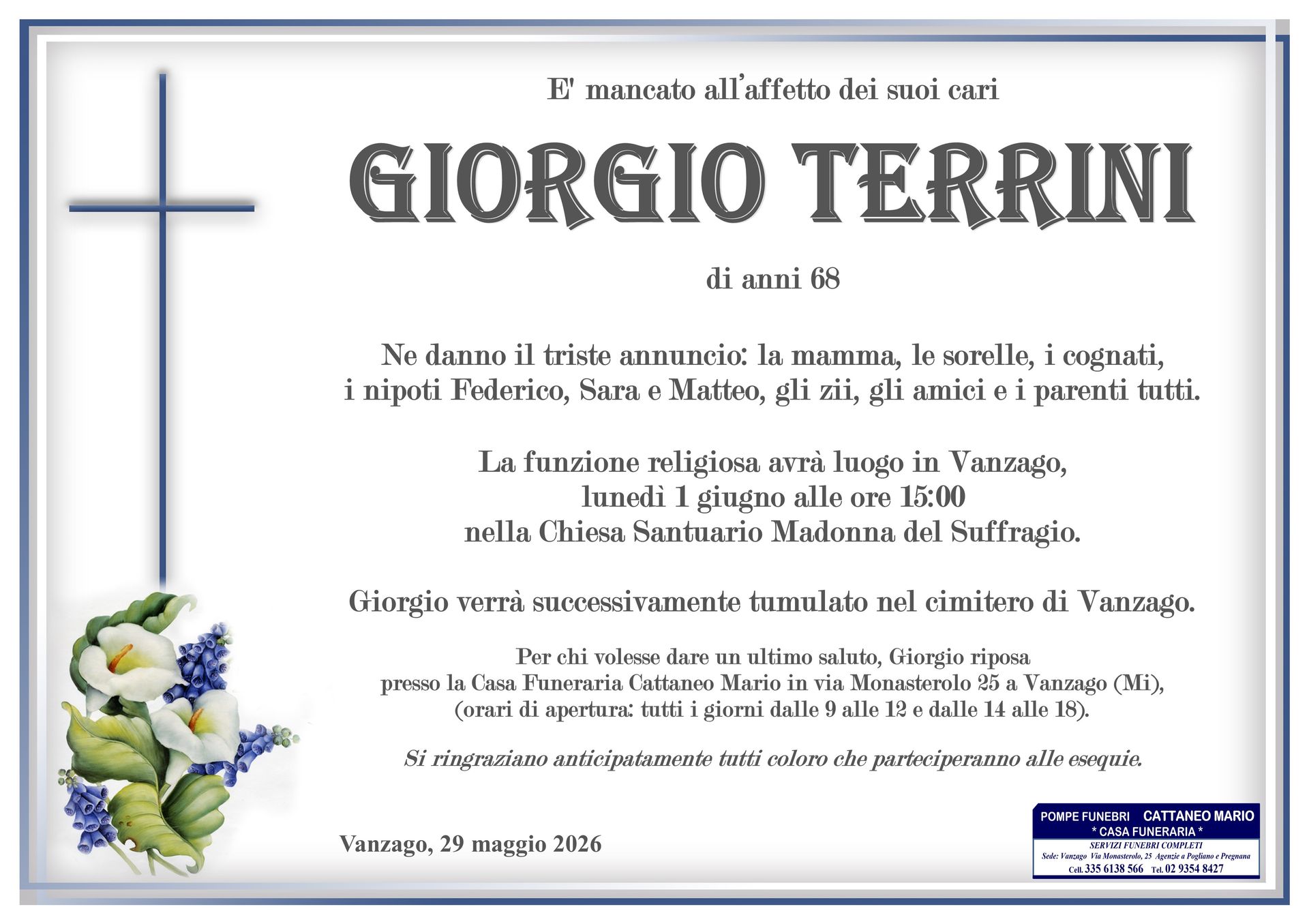 necrologio Giorgio Terrini