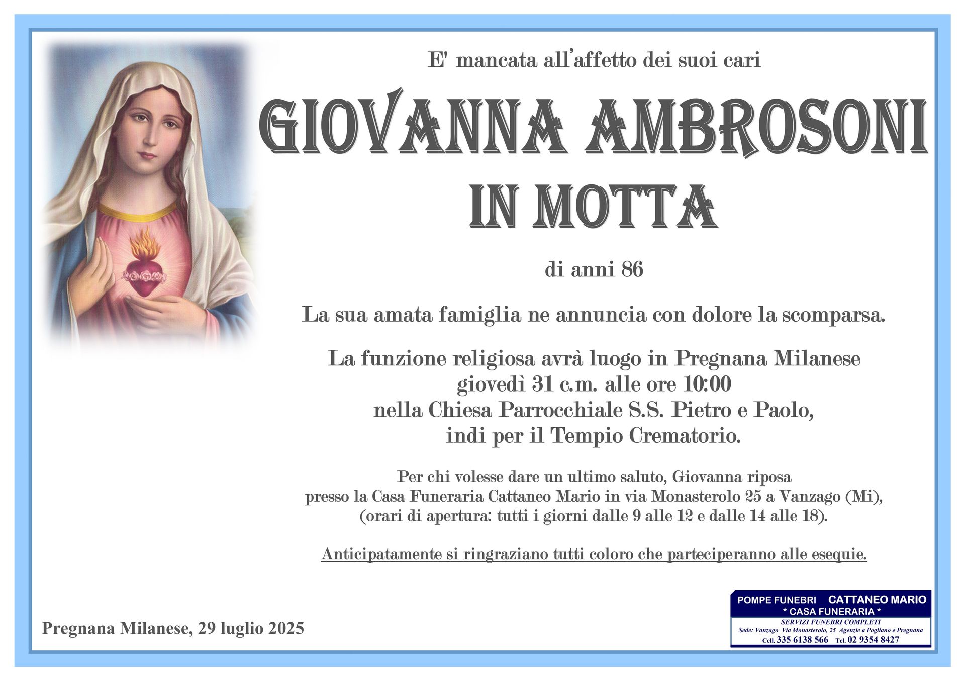 necrologio Giovanna Ambrosoni