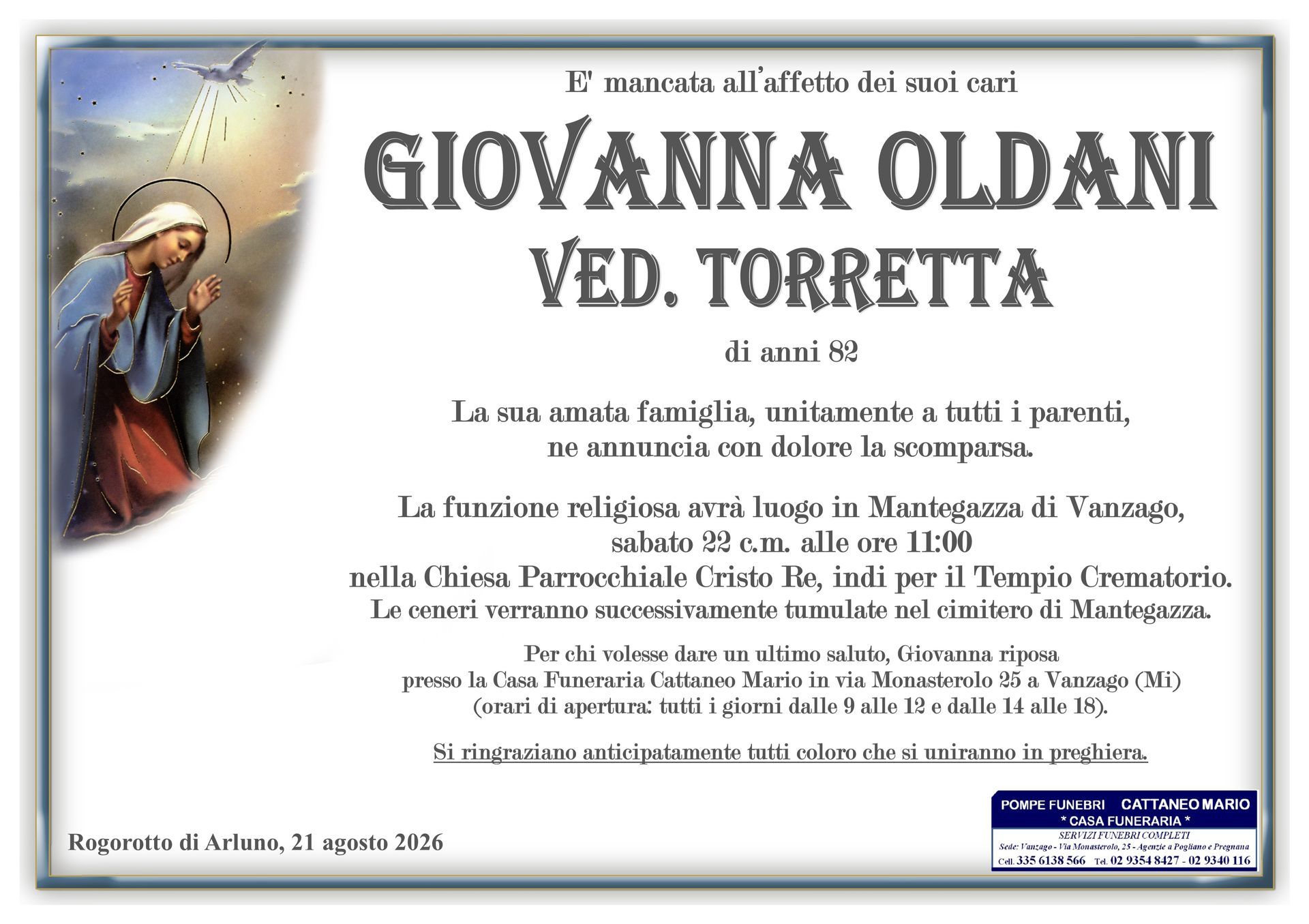 necrologio Giovanna Oldani