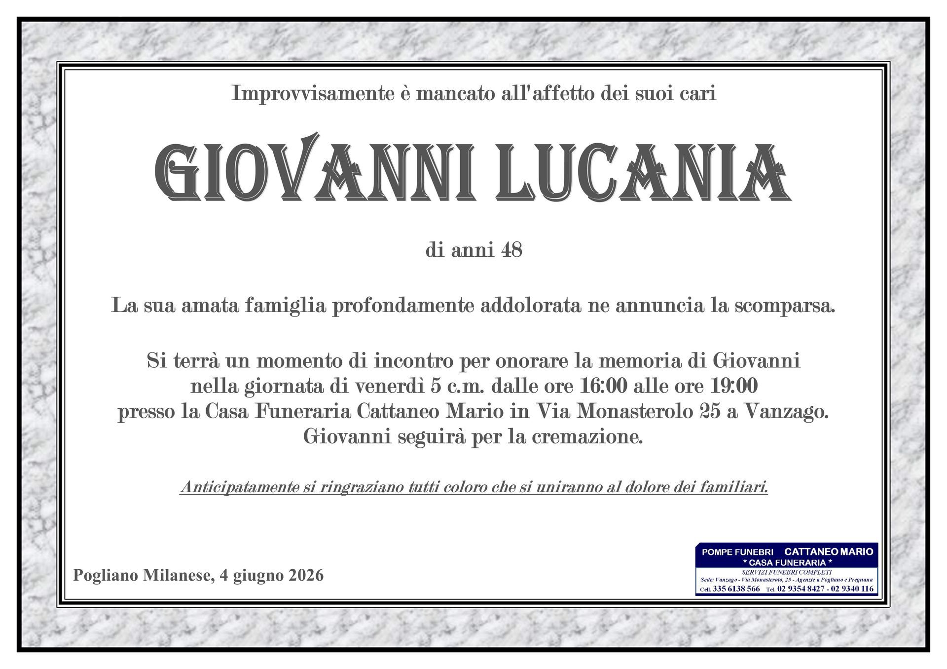 necrologio Giovanni Lucania