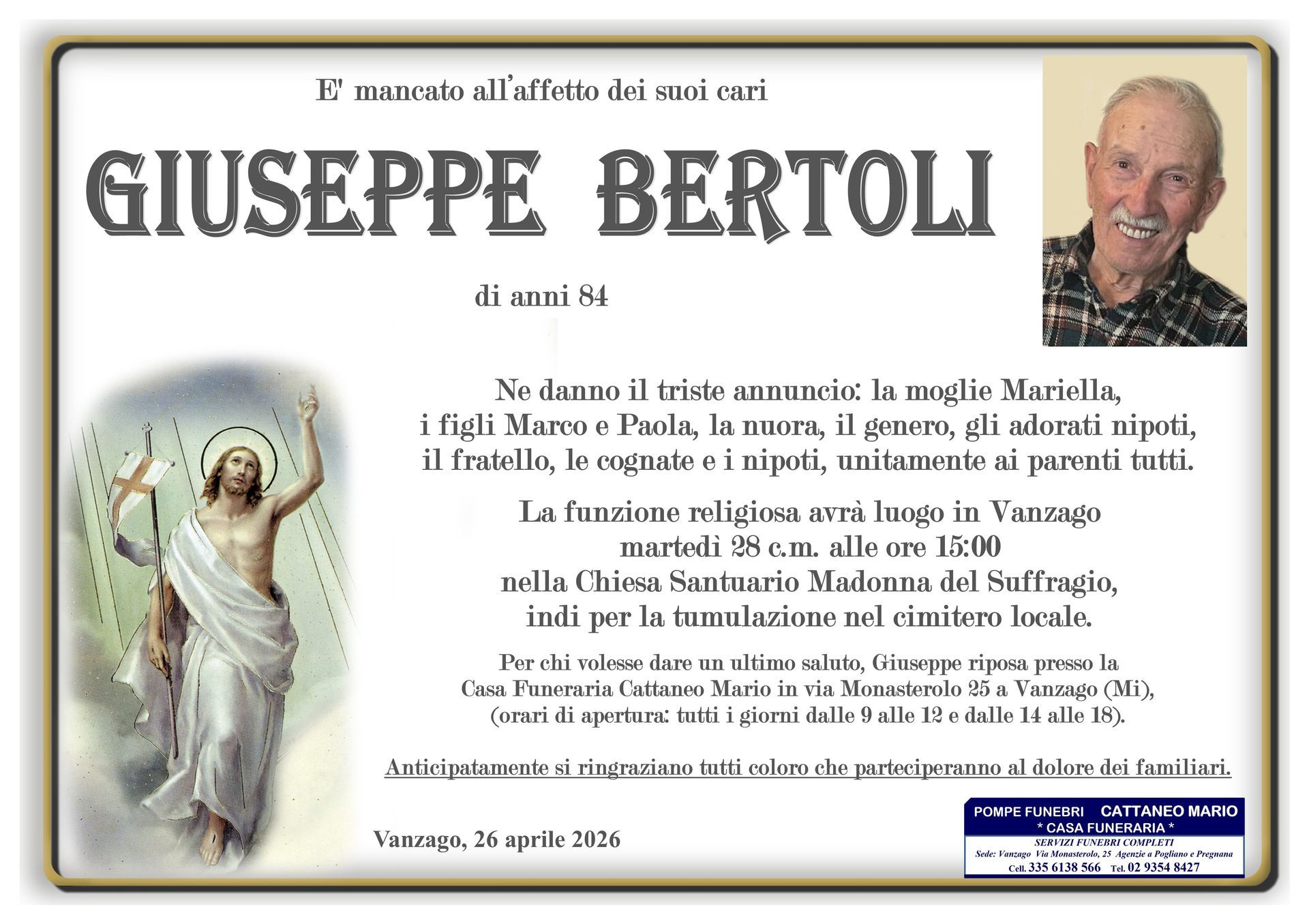necrologio Giuseppe Bertoli
