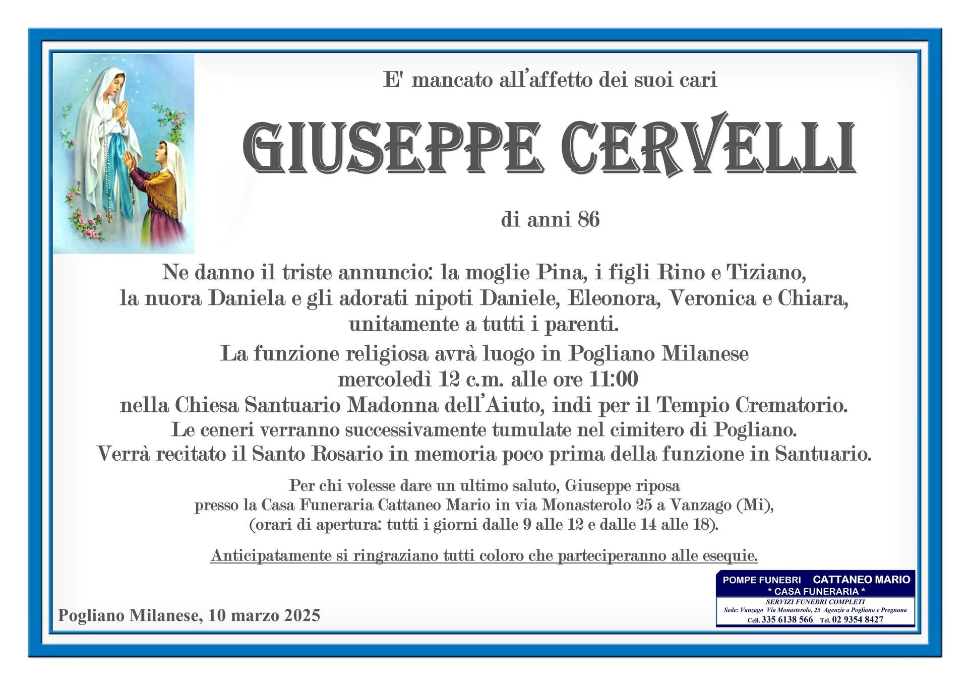 necrologio Giuseppe Cervelli