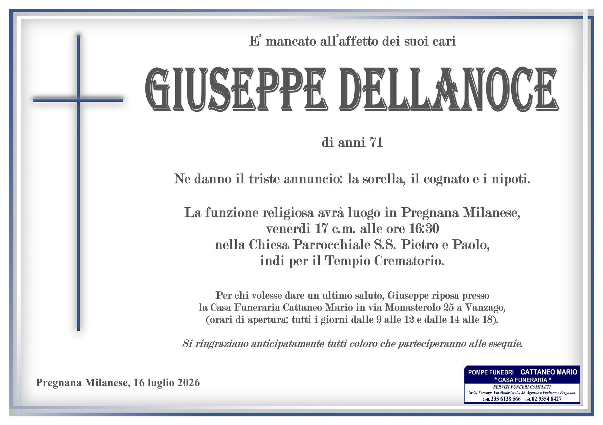 necrologio Giuseppe Dellanoce