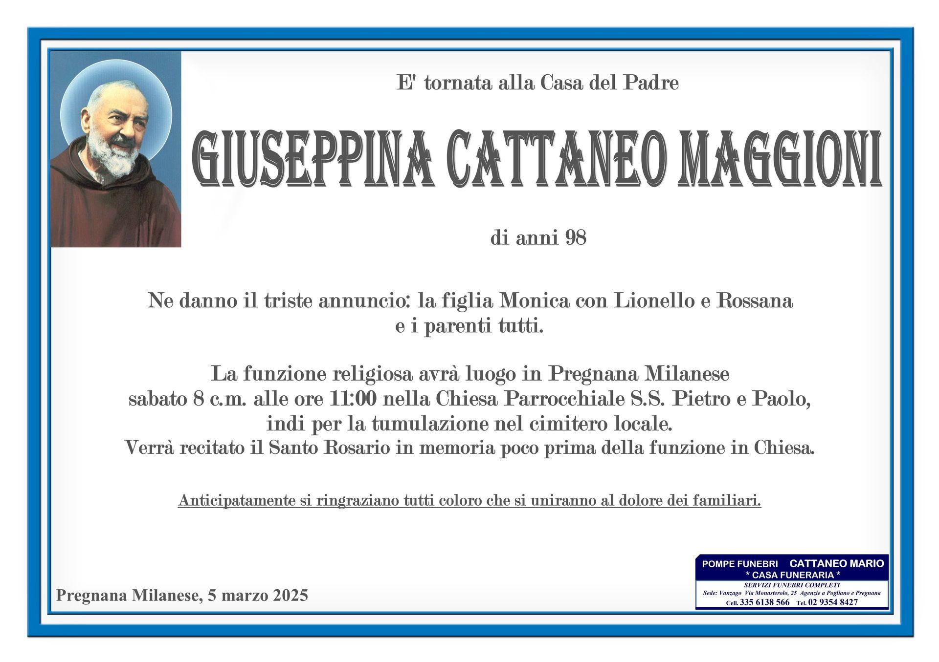 necrologio Giuseppina Cattaneo Maggioni
