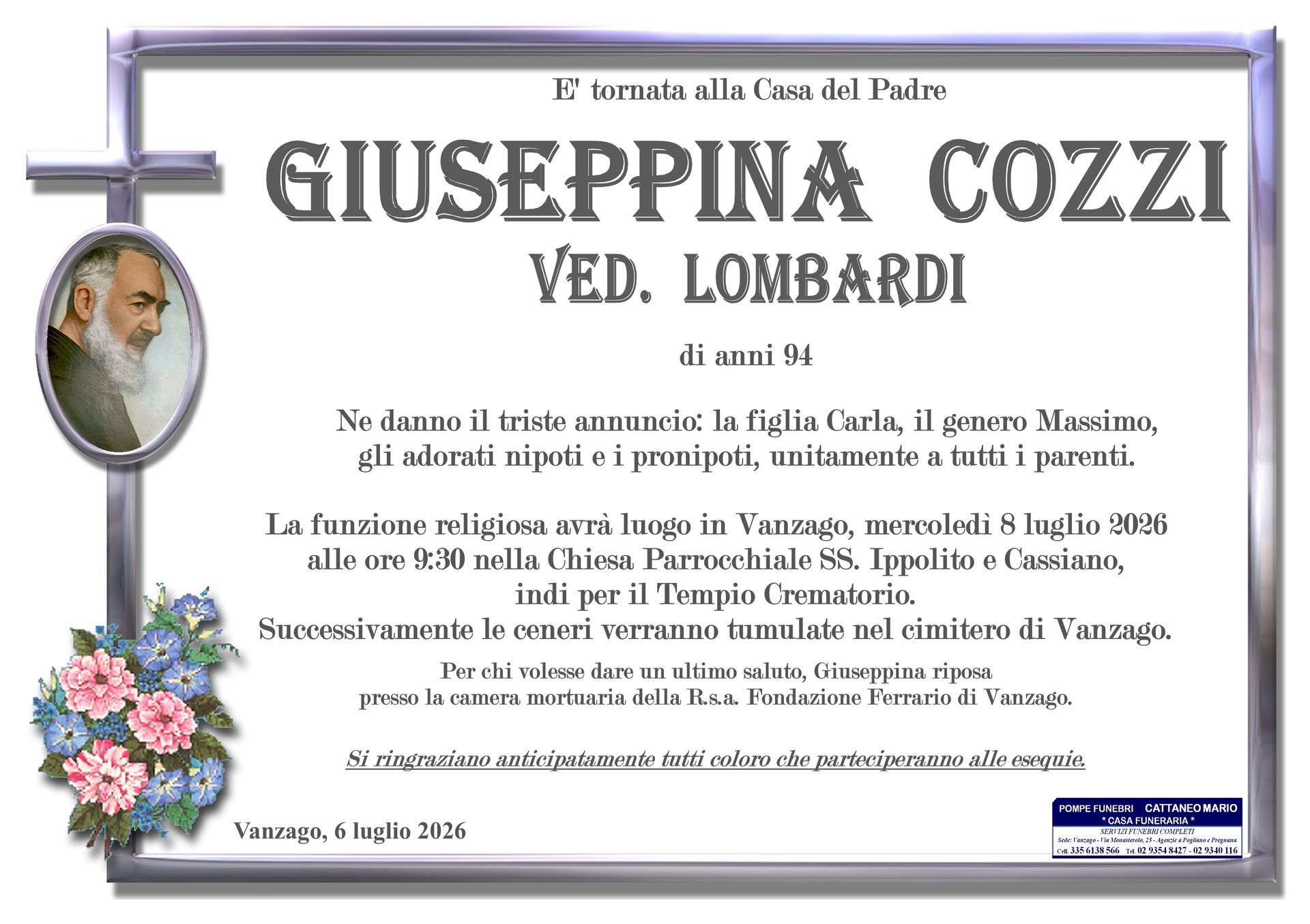 necrologio Giuseppina Cozzi