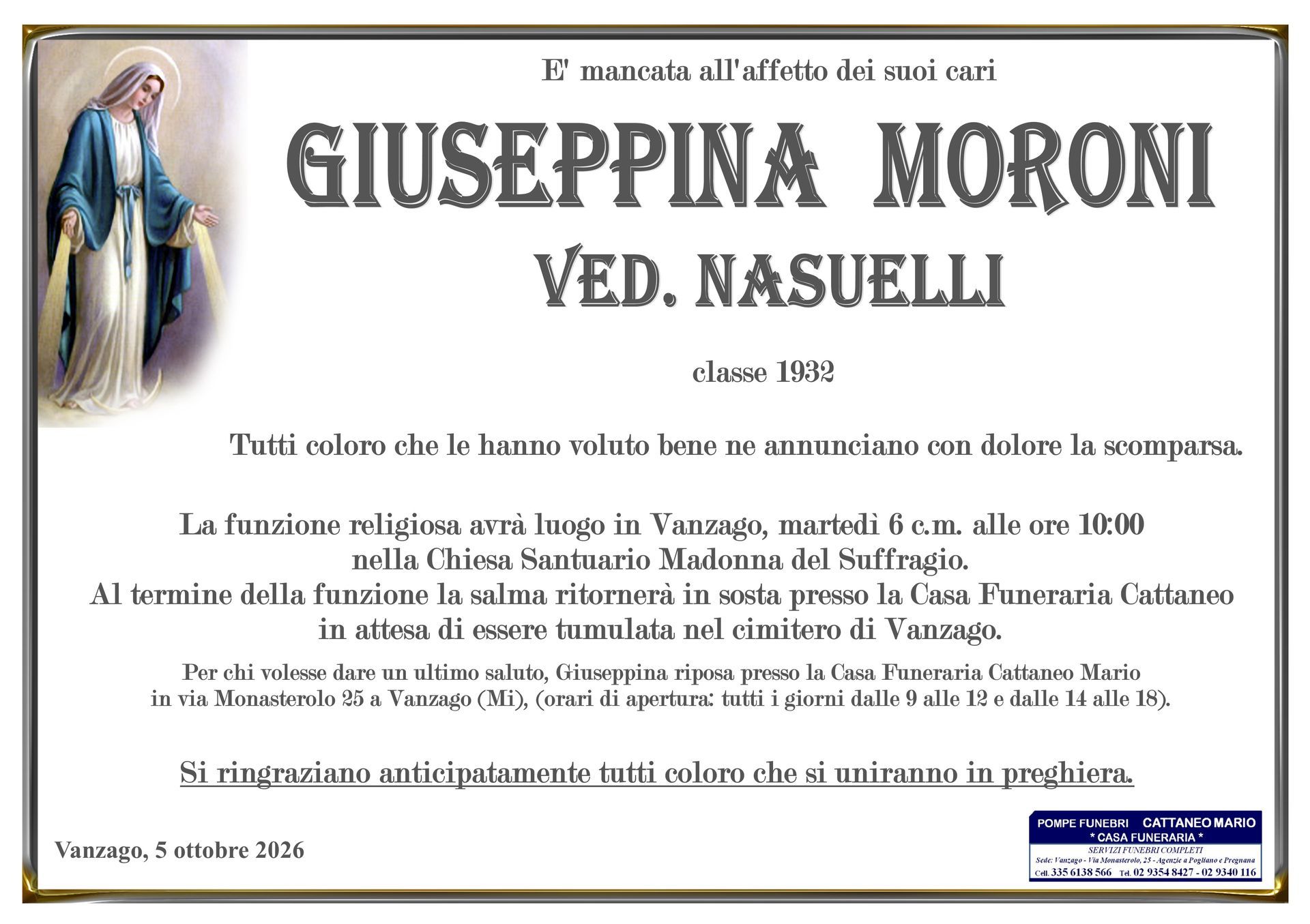 necrologio Giuseppina Moroni