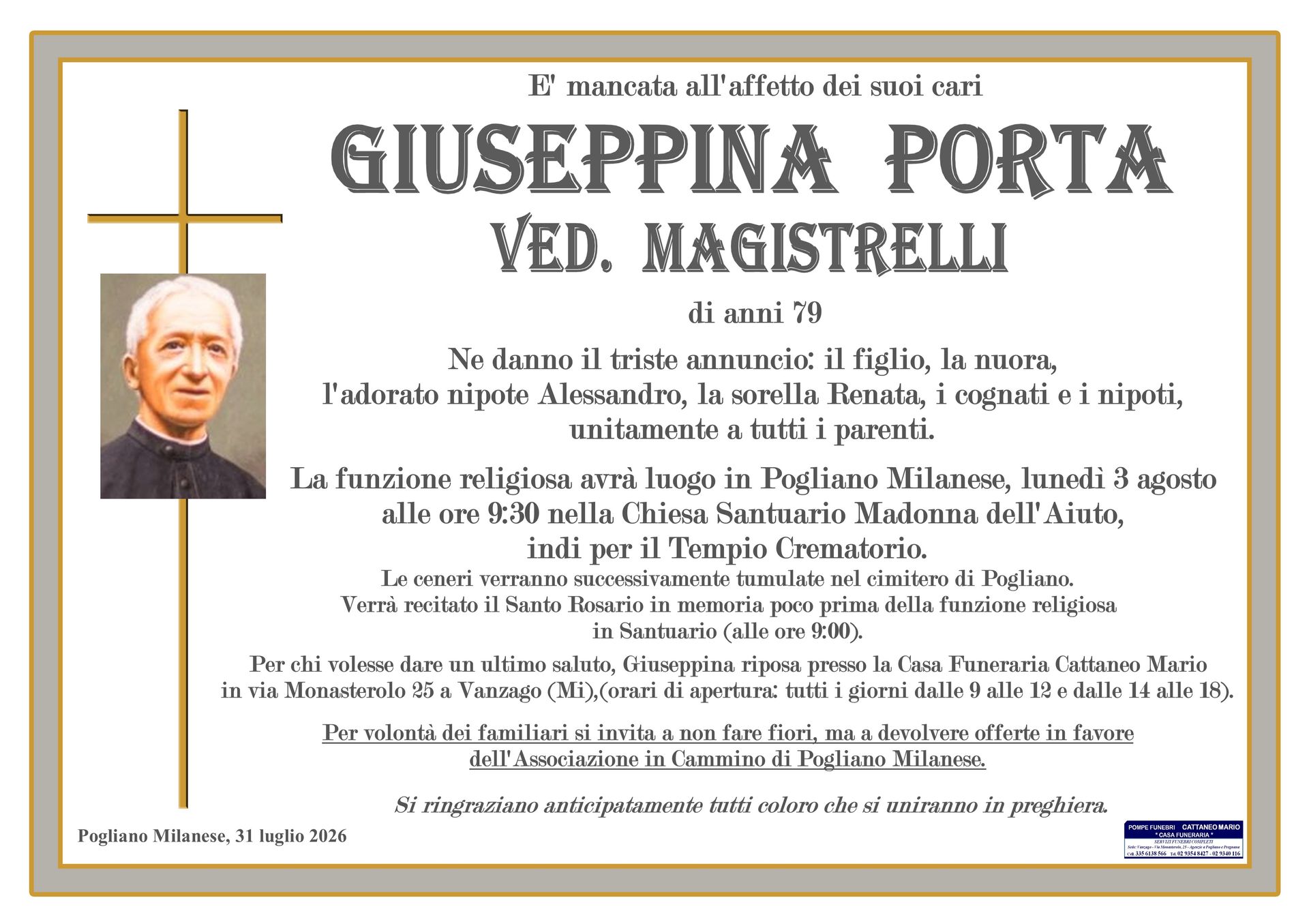 necrologio Giuseppina Porta