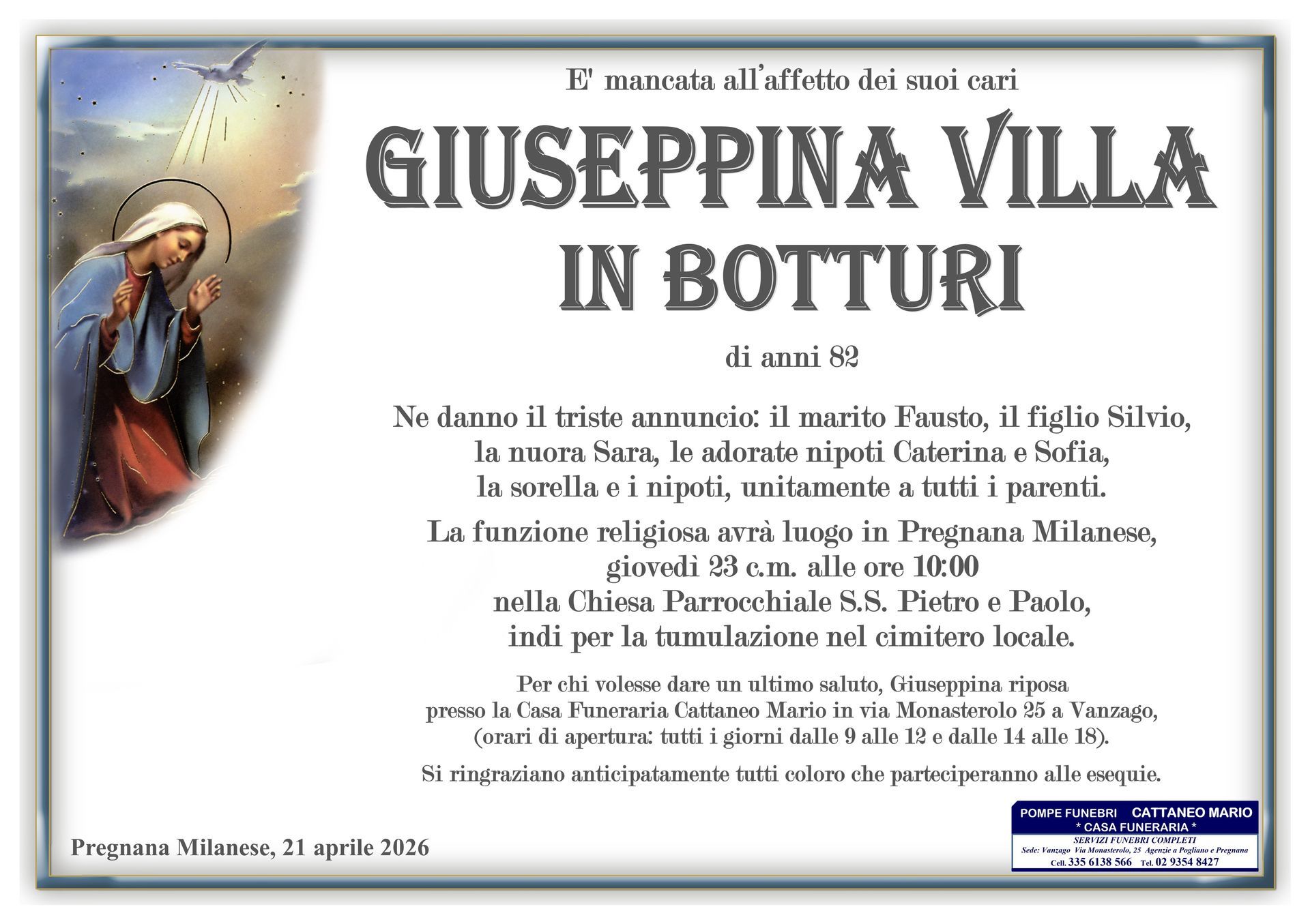 necrologio Giuseppina Villa
