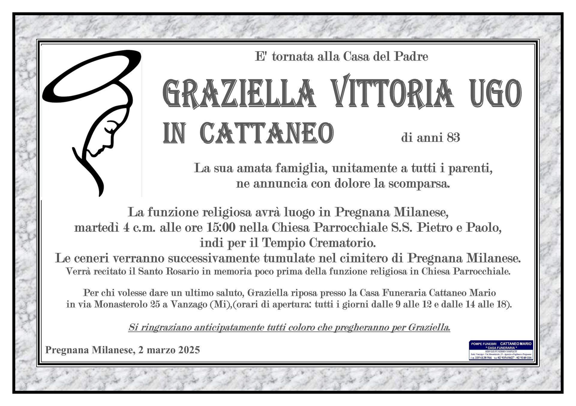 necrologio Graziella Vittoria Ugo