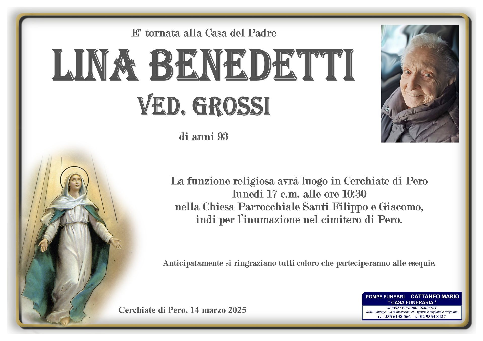 necrologio Lina Benedetti