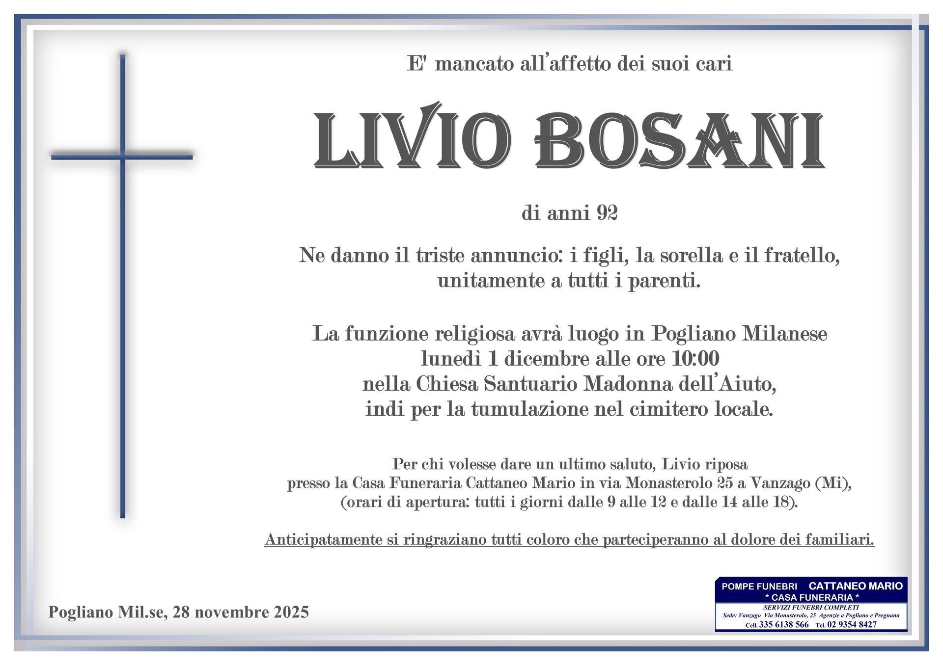 necrologio Livio Bosani