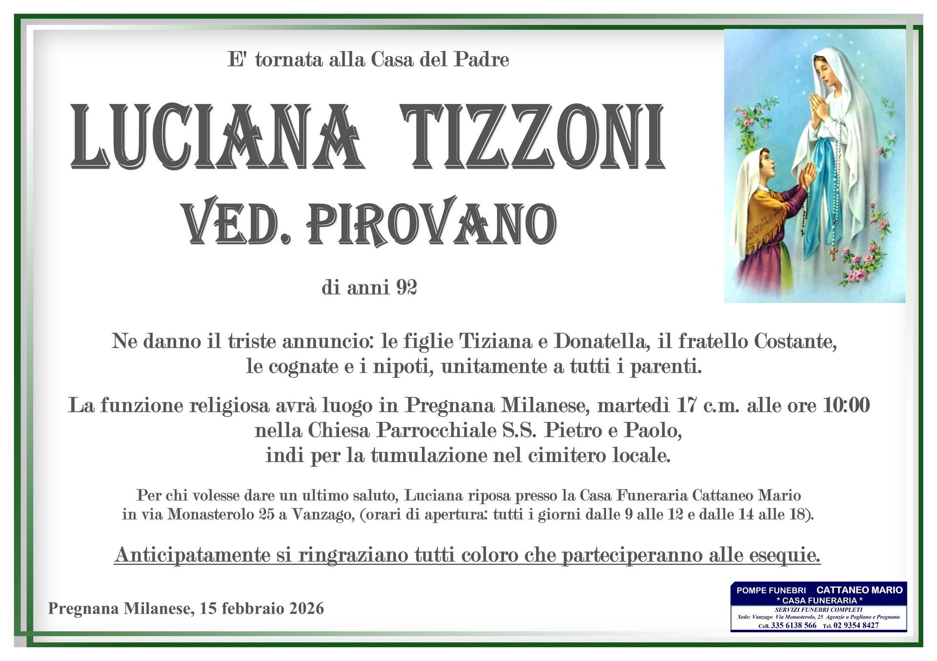 necrologio Luciana Tizzoni