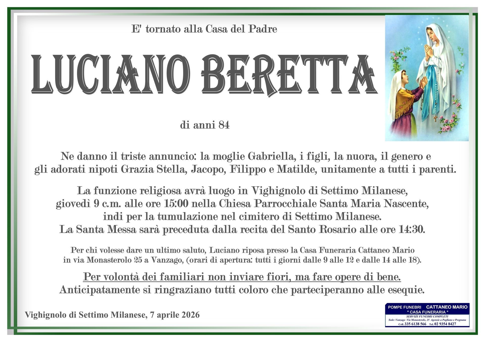 necrologio Luciano Beretta