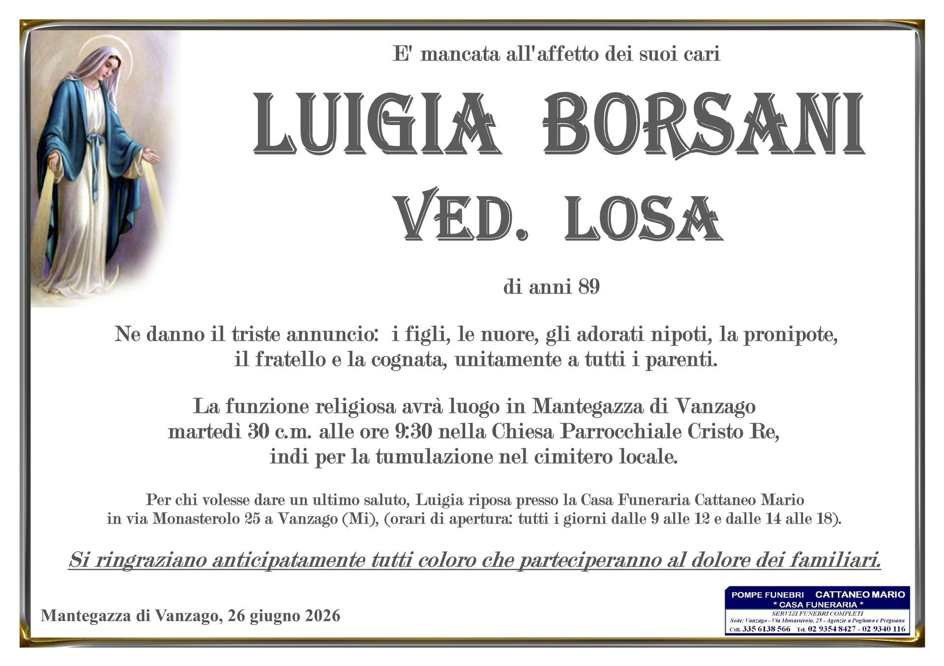 necrologio Luigia Borsani