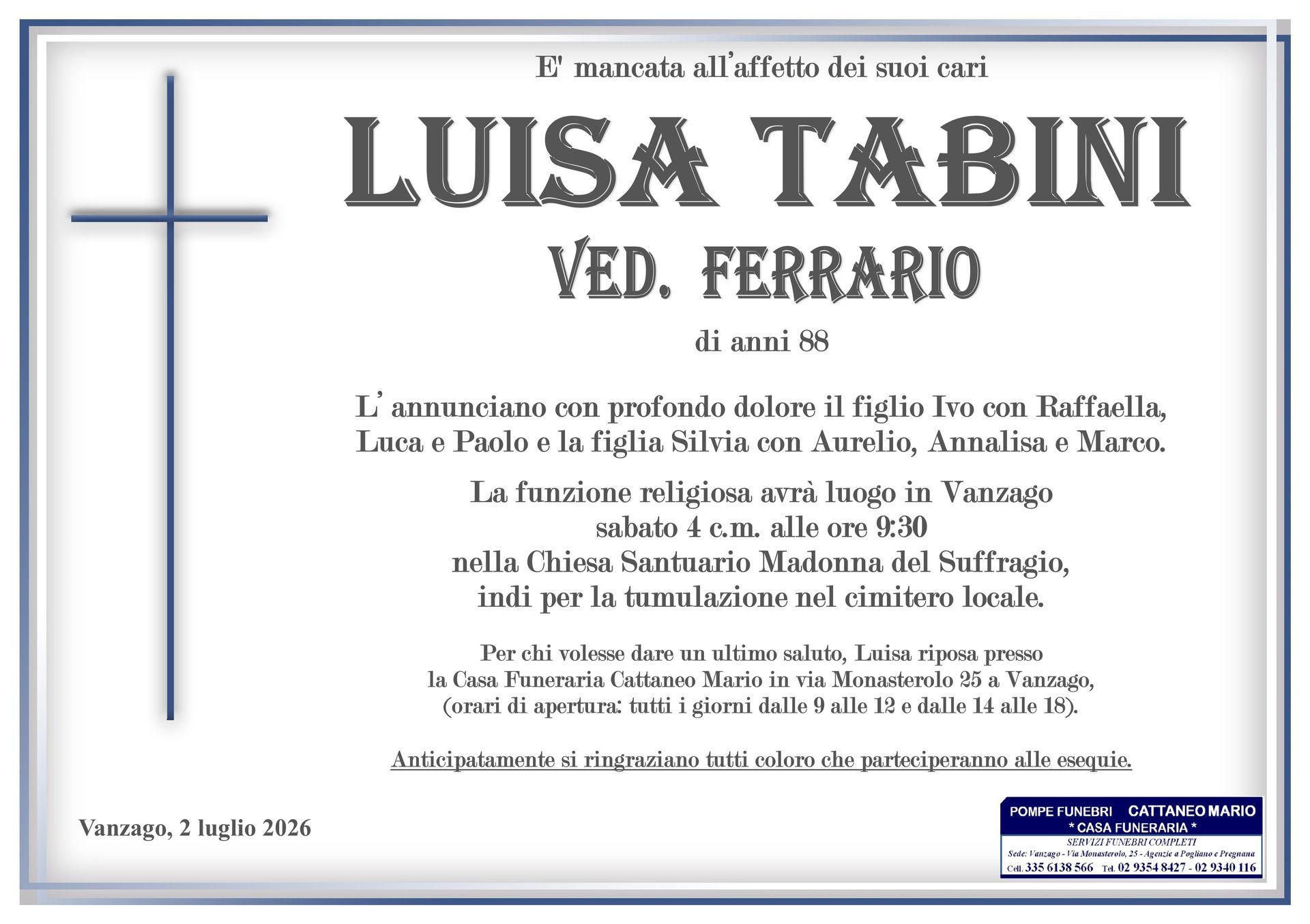 necrologio Luisa Tabini