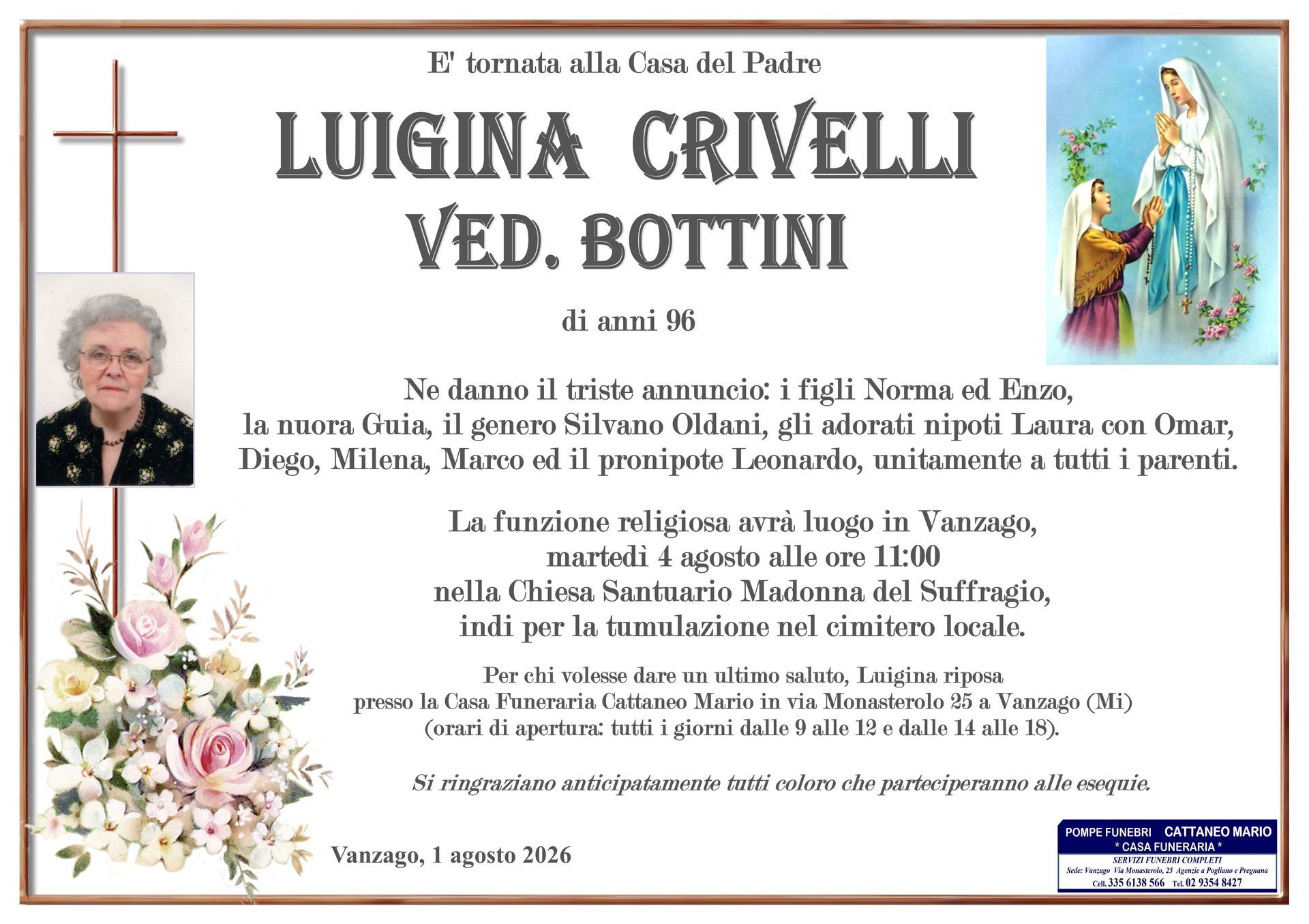 necrologio Luigina Crivelli