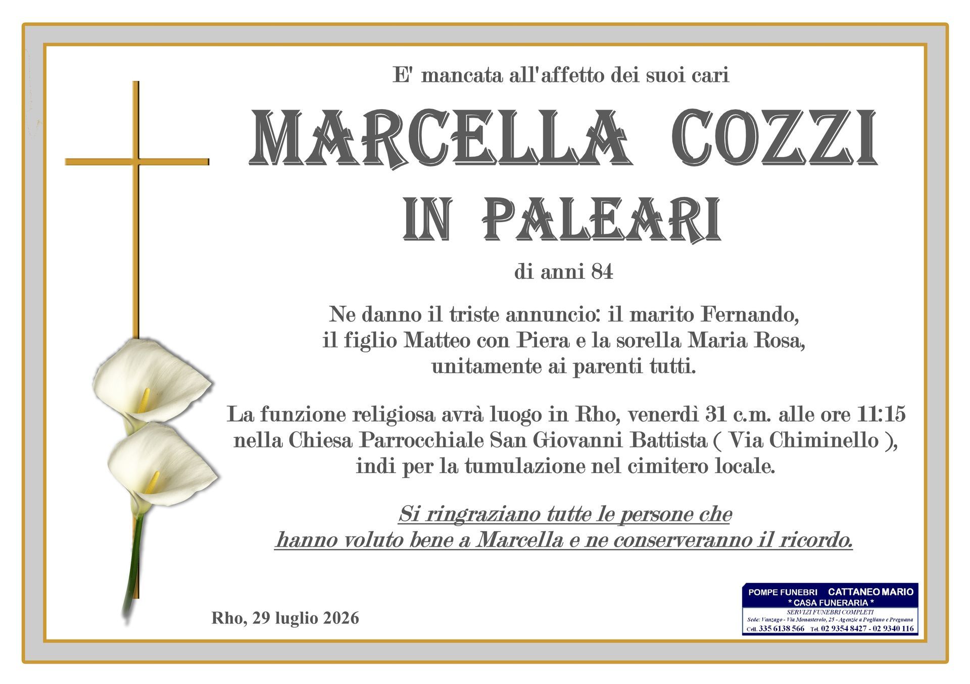 necrologio Marcella Cozzi