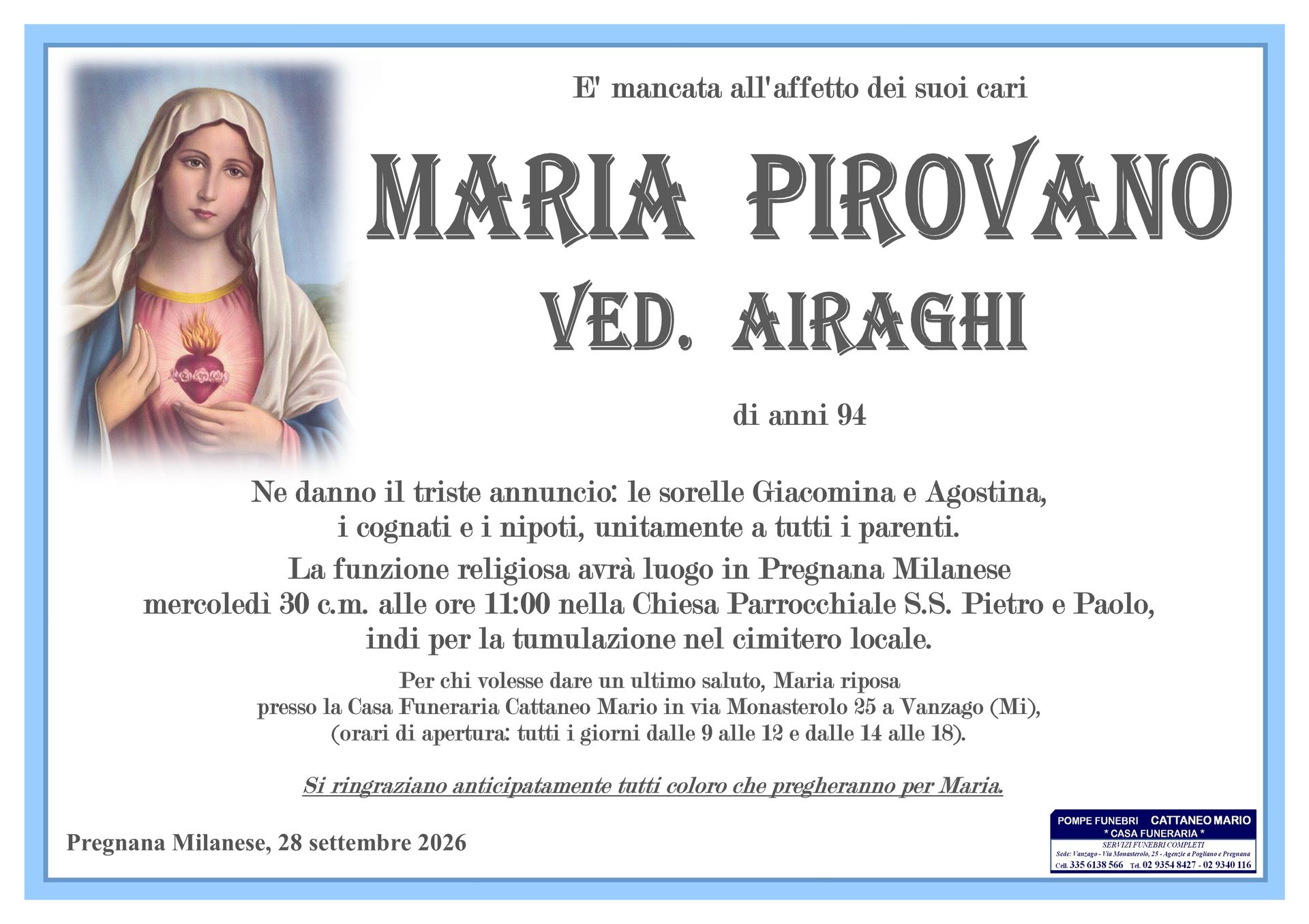 necrologio Maria Pirovano