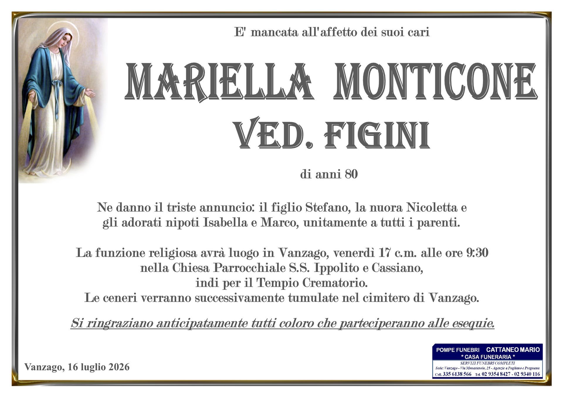 necrologio Mariella Monticone