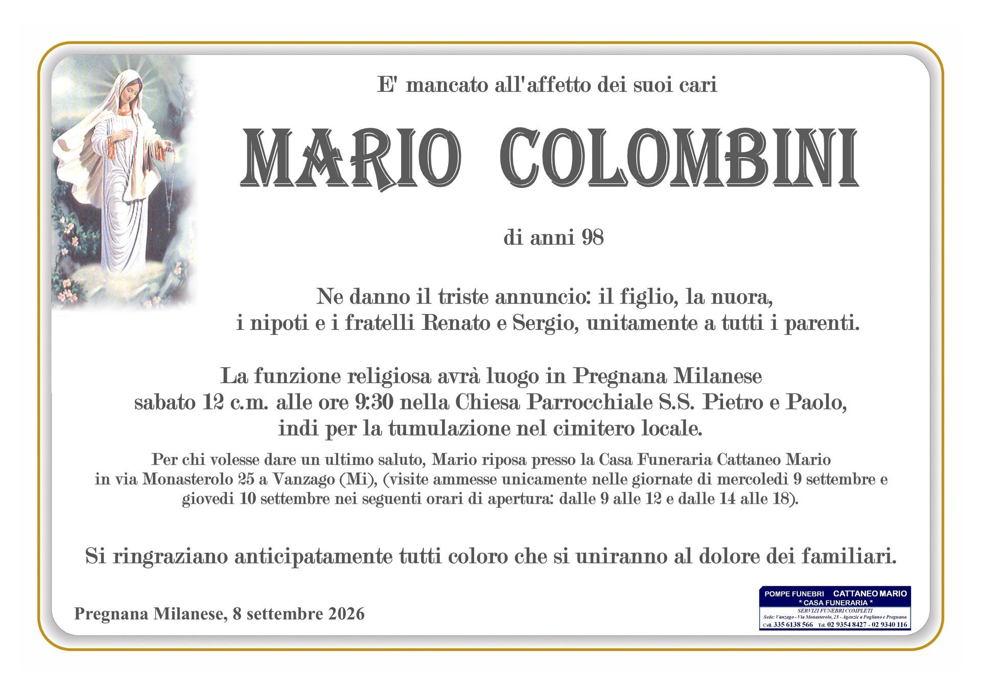 necrologio Mario Colombini