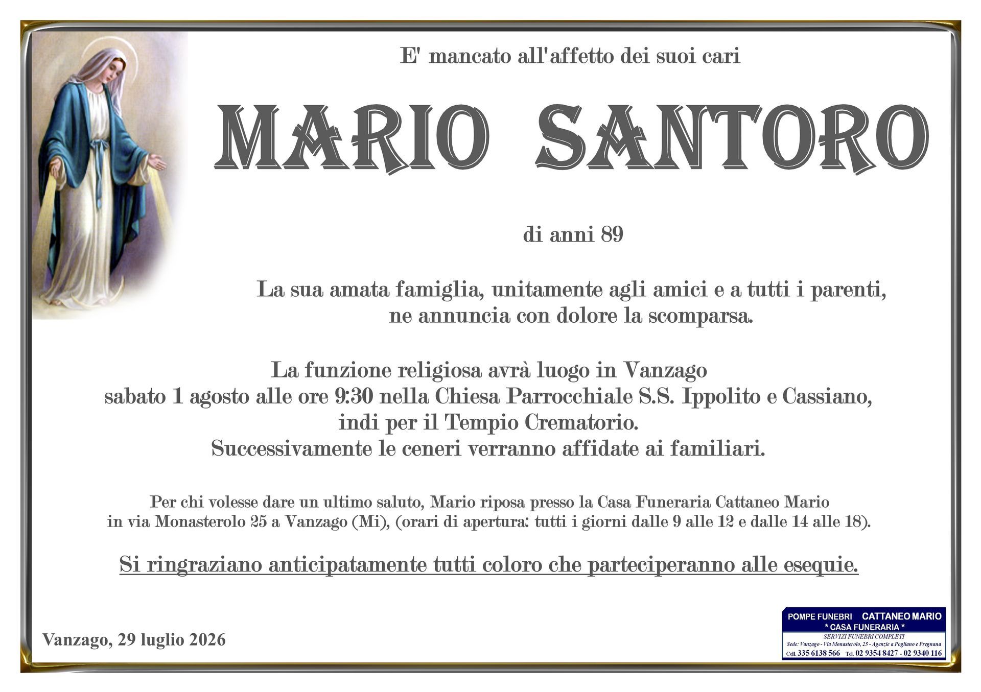 necrologio Mario Santoro