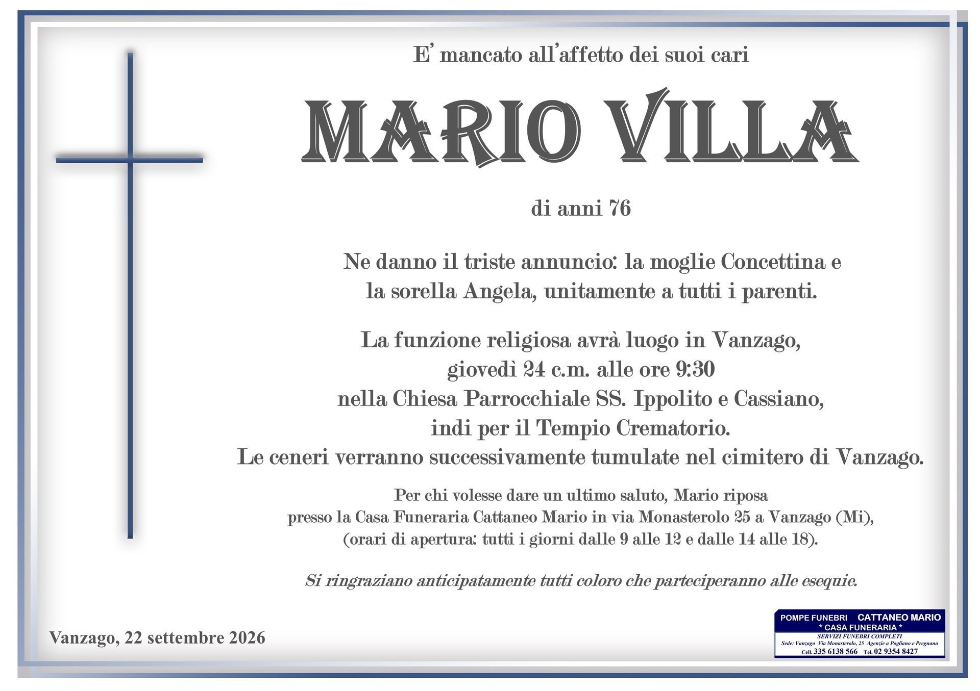 necrologio Mario Villa