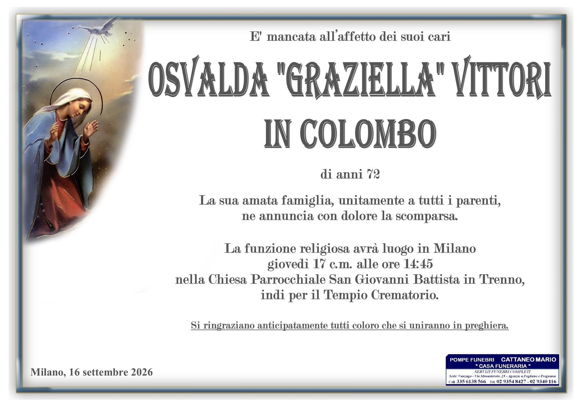 necrologio Osvalda Graziella Vittori