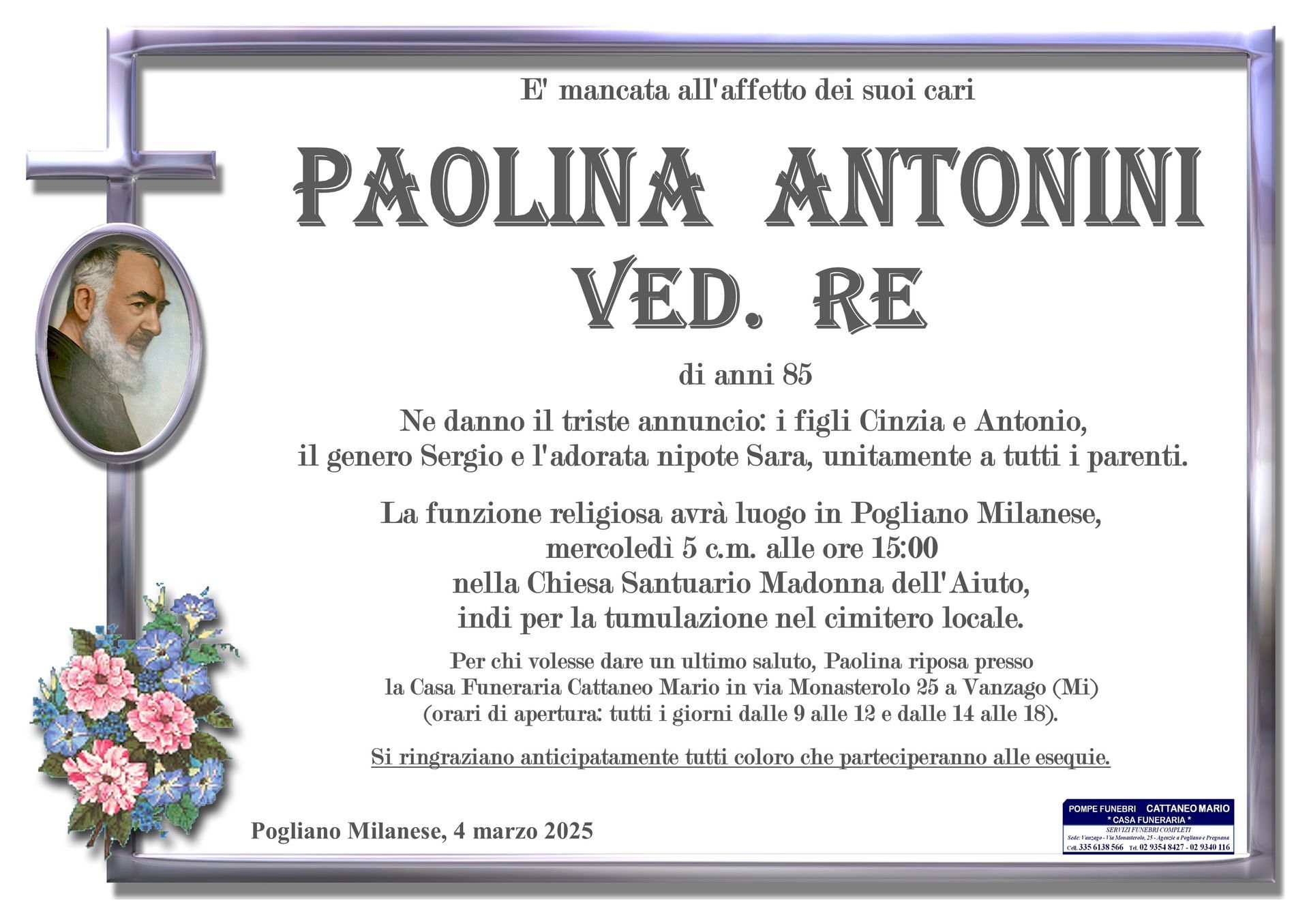necrologio Paolina Antonini