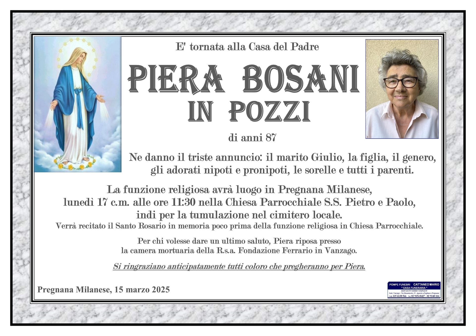 necrologio Piera Bosani