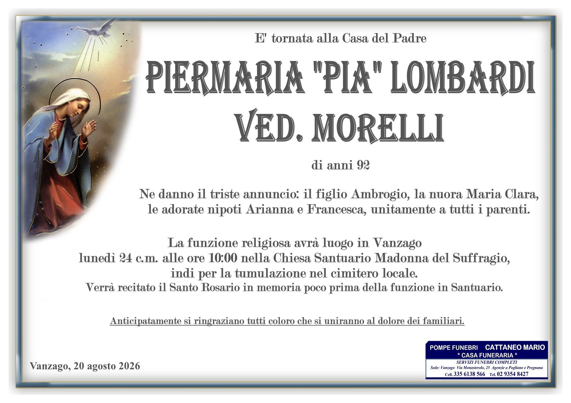 necrologio Piermaria Pia Lombardi