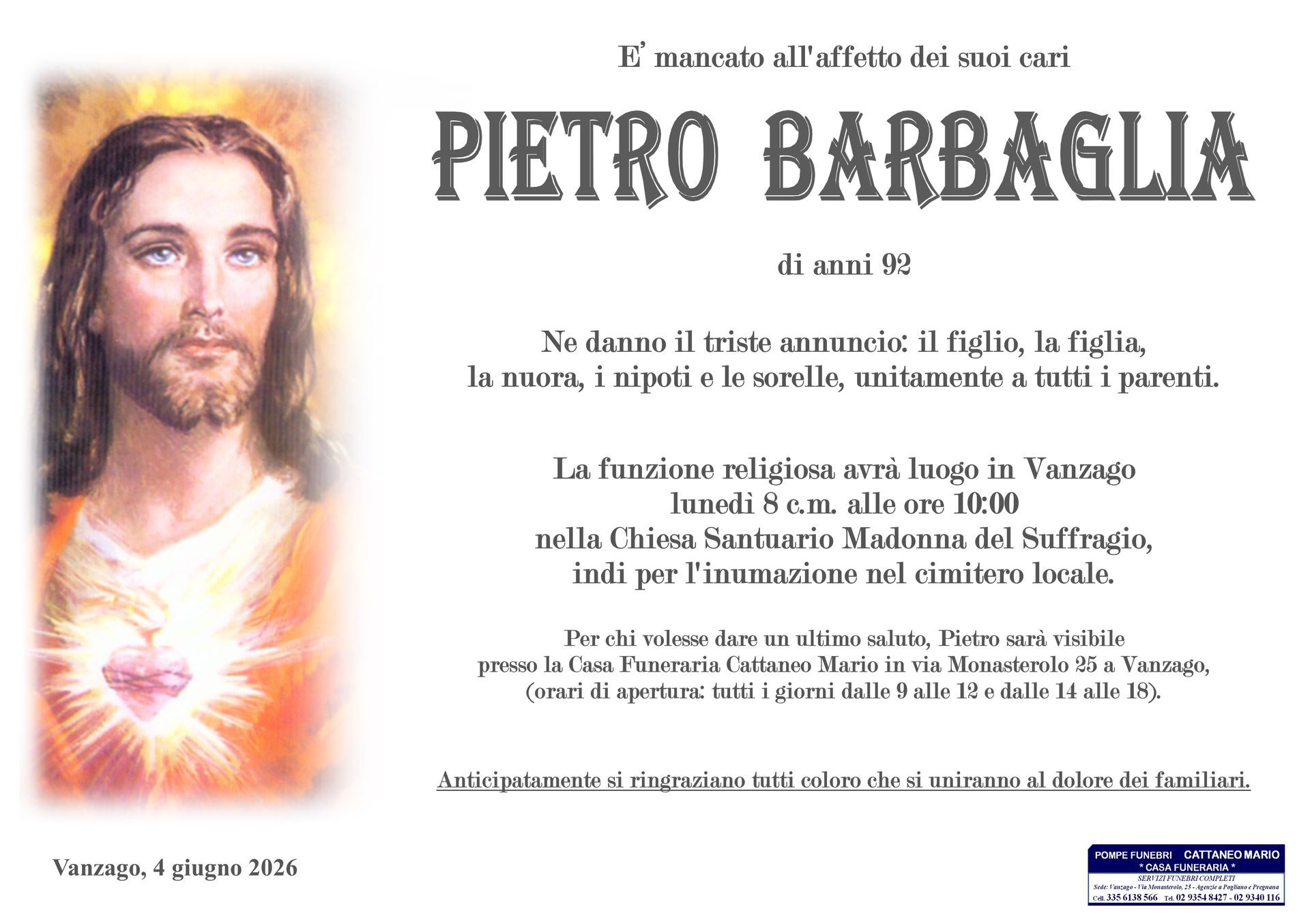 necrologio Pietro Barbaglia