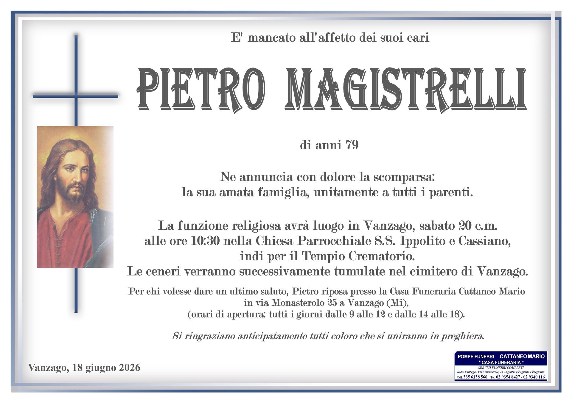 necrologio Pietro Magistrelli