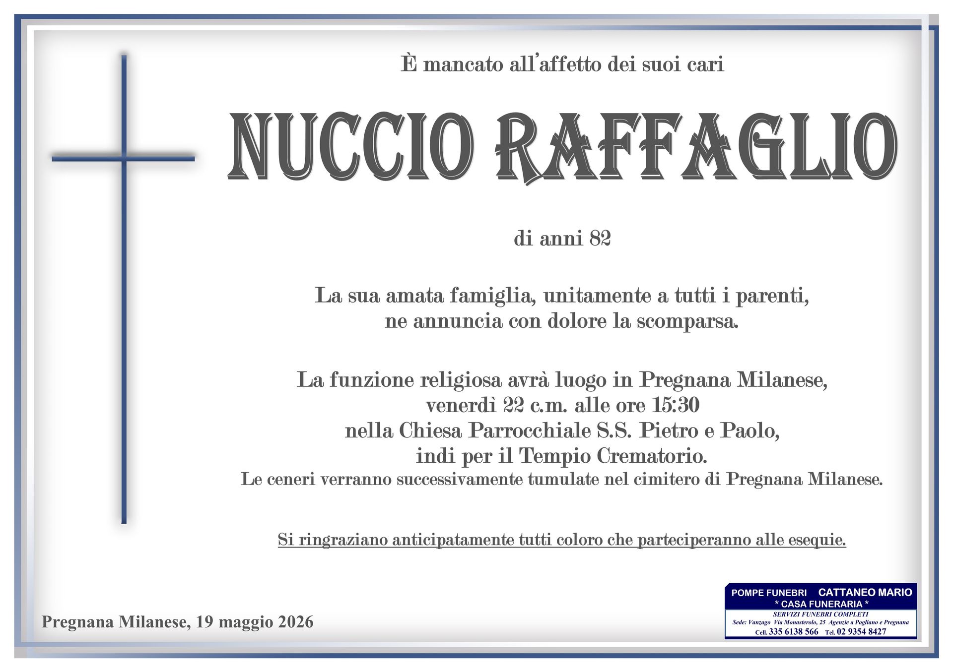 necrologio Nuccio Raffaglio