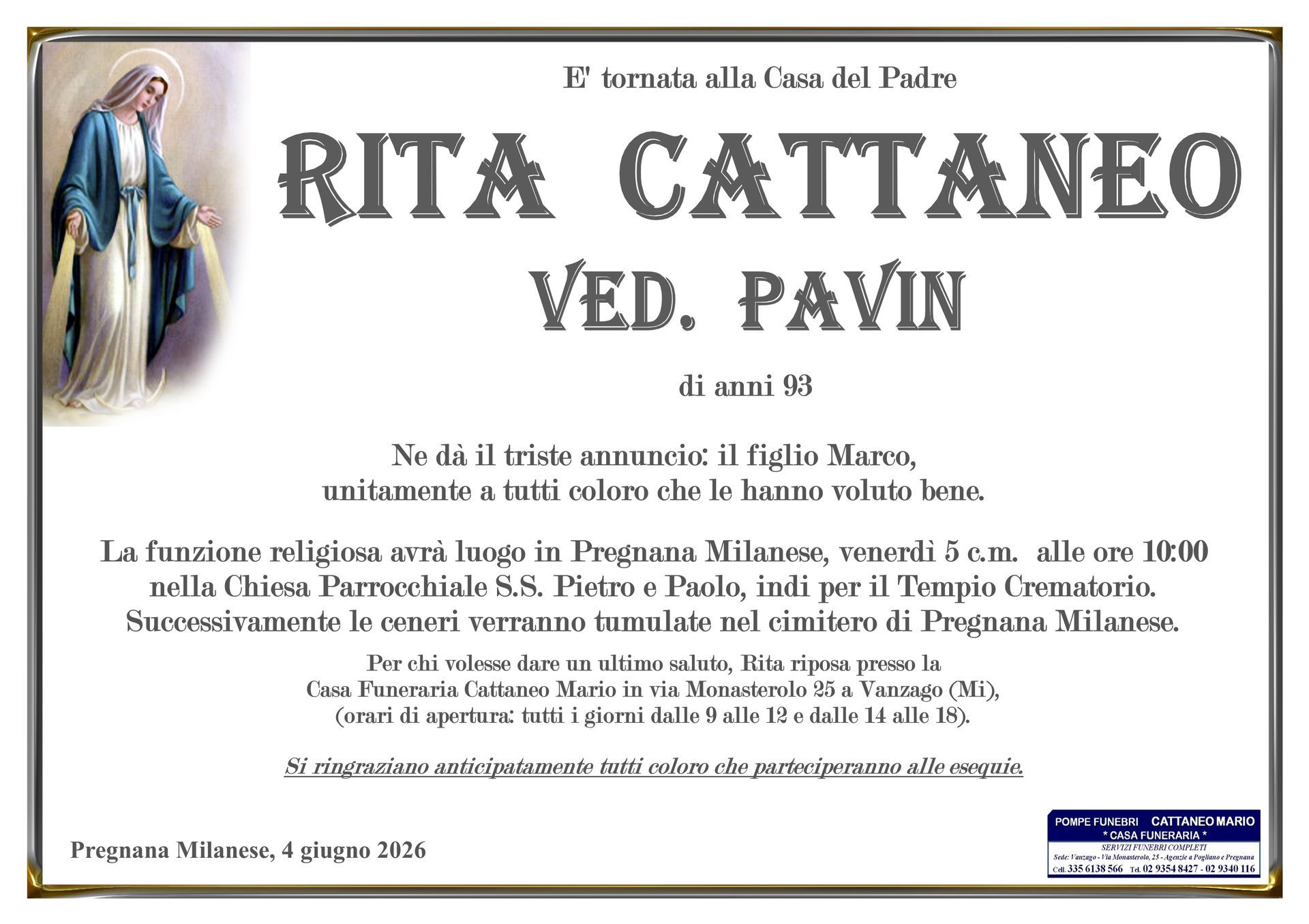 necrologio Rita Cattaneo