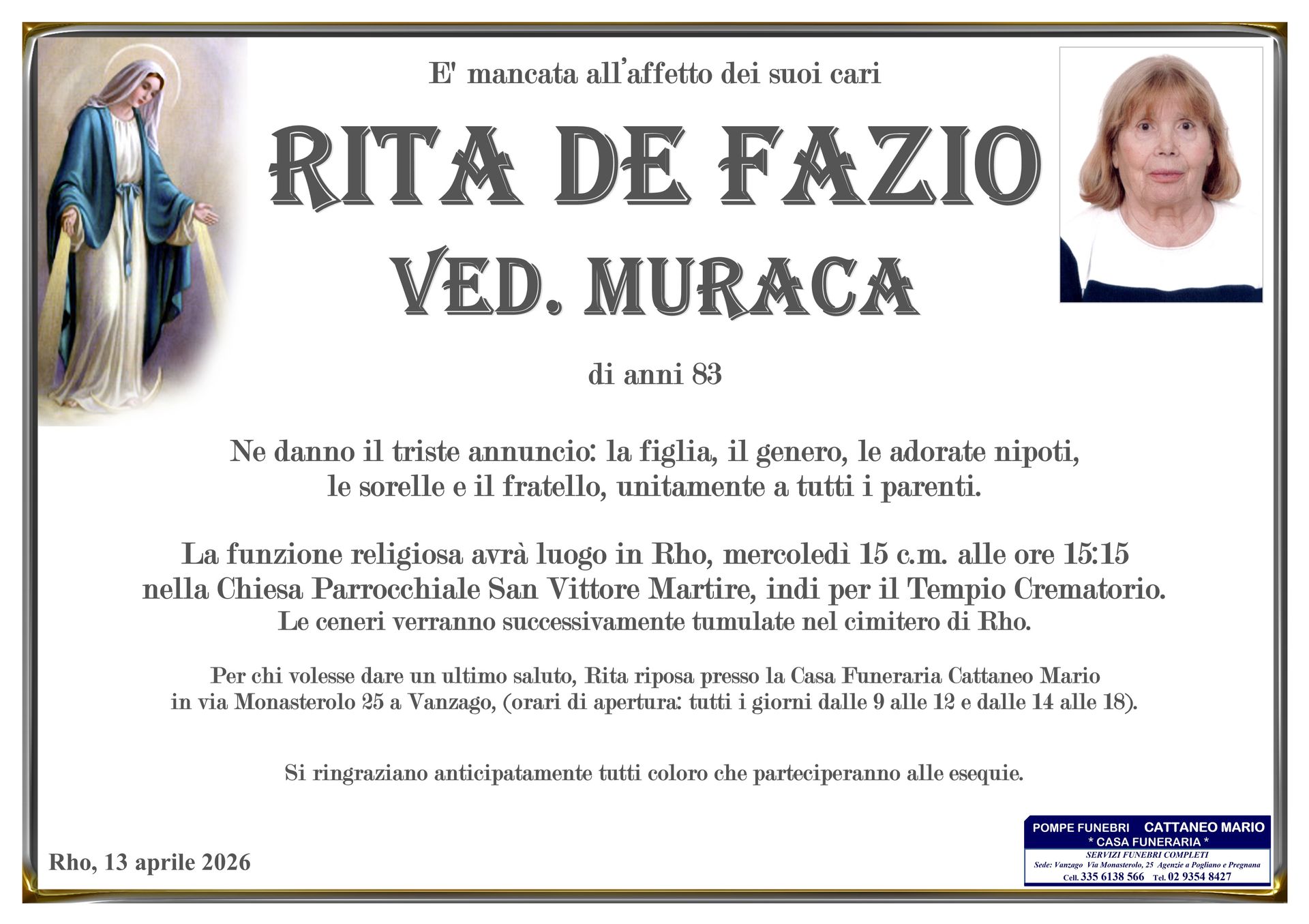 necrologio Rita De Fazio